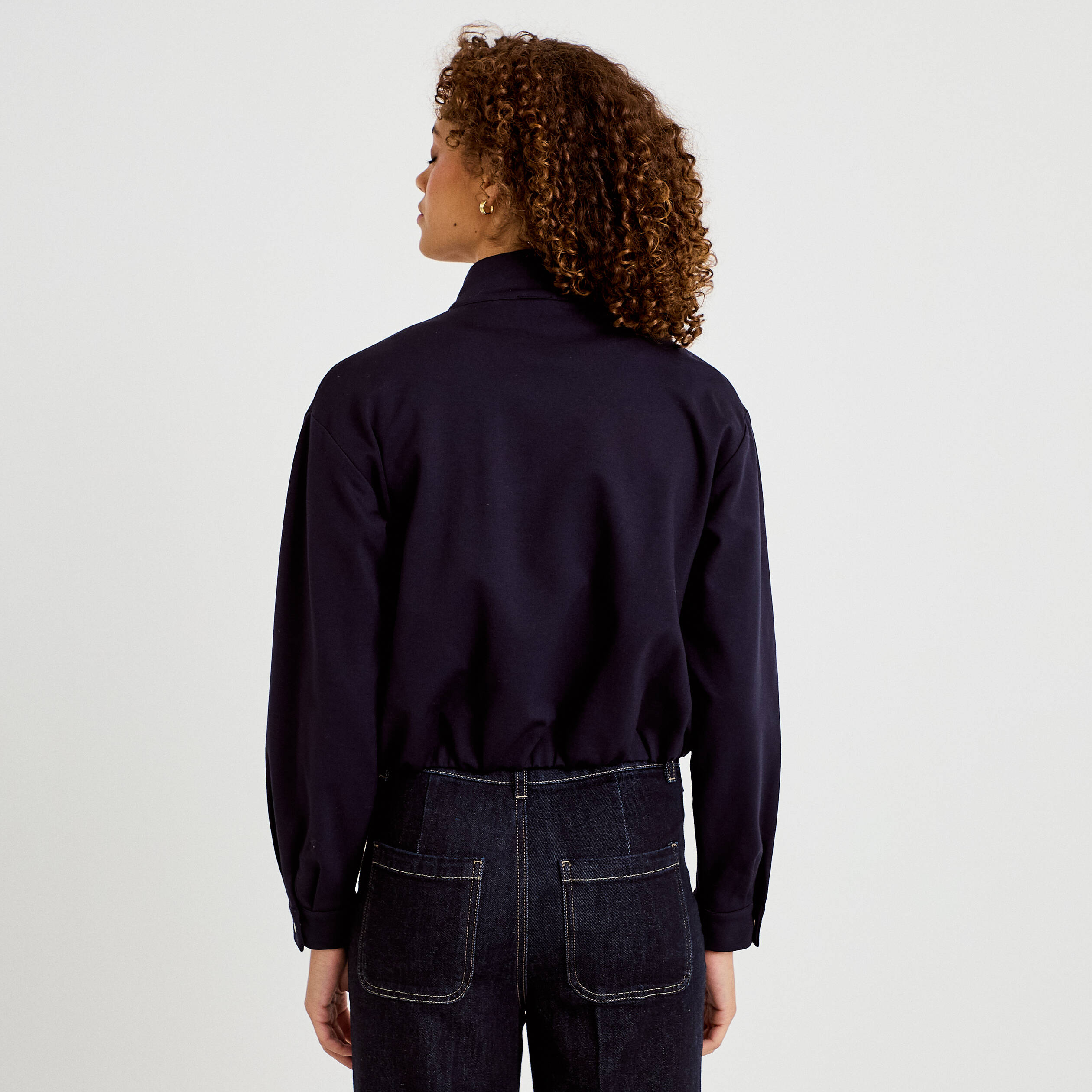 Veste cropped bas resserr&eacute; bleu marine femme