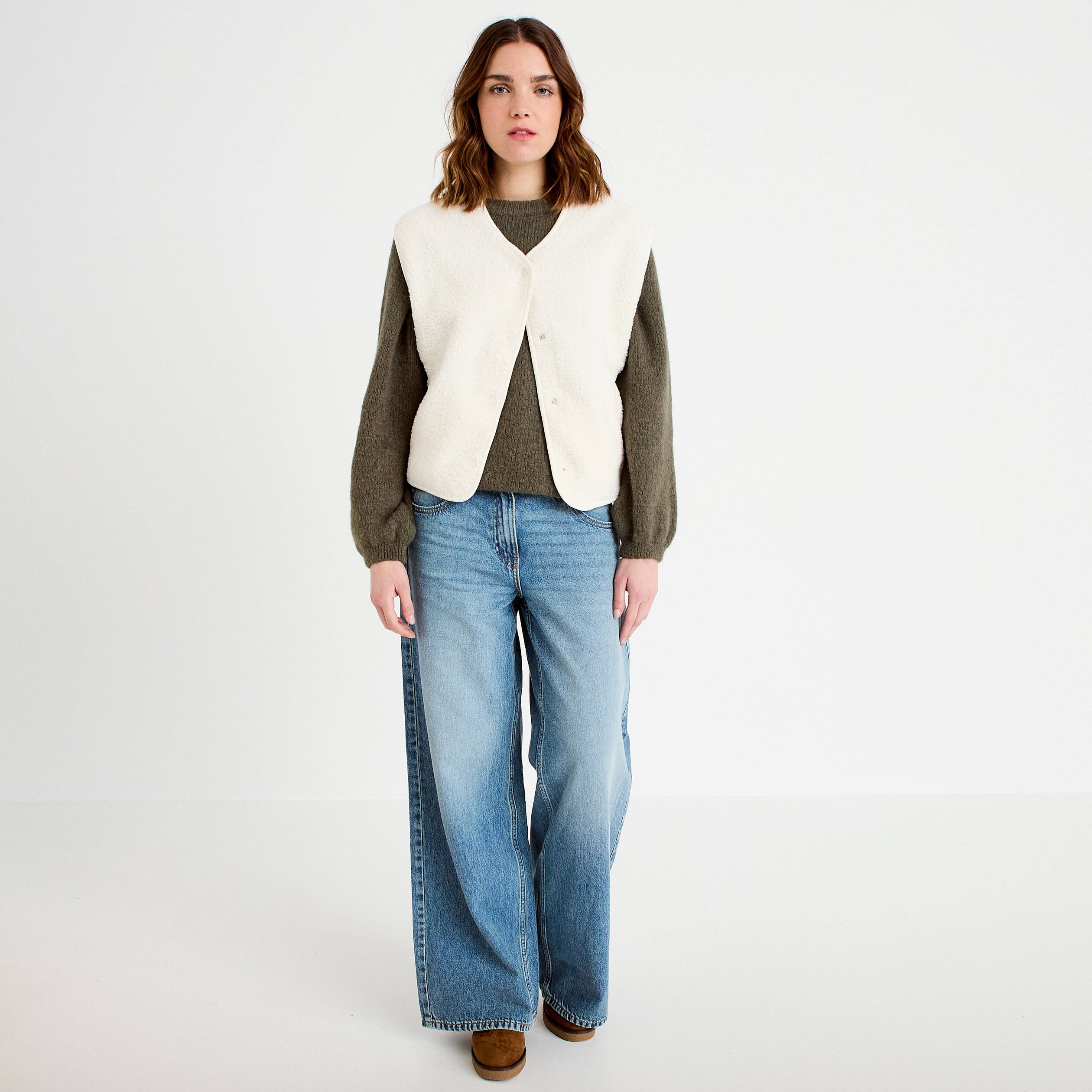 Gilet sans manches effet polaire ecru femme