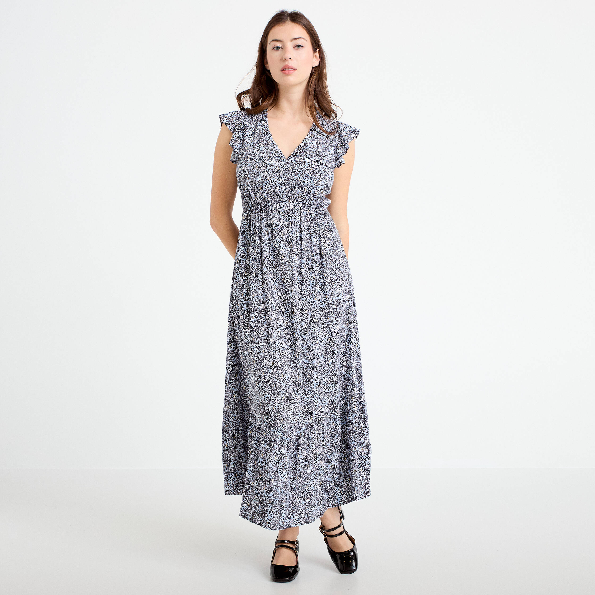Robe longue &eacute;vas&eacute;e col v manches courtes bleu femme