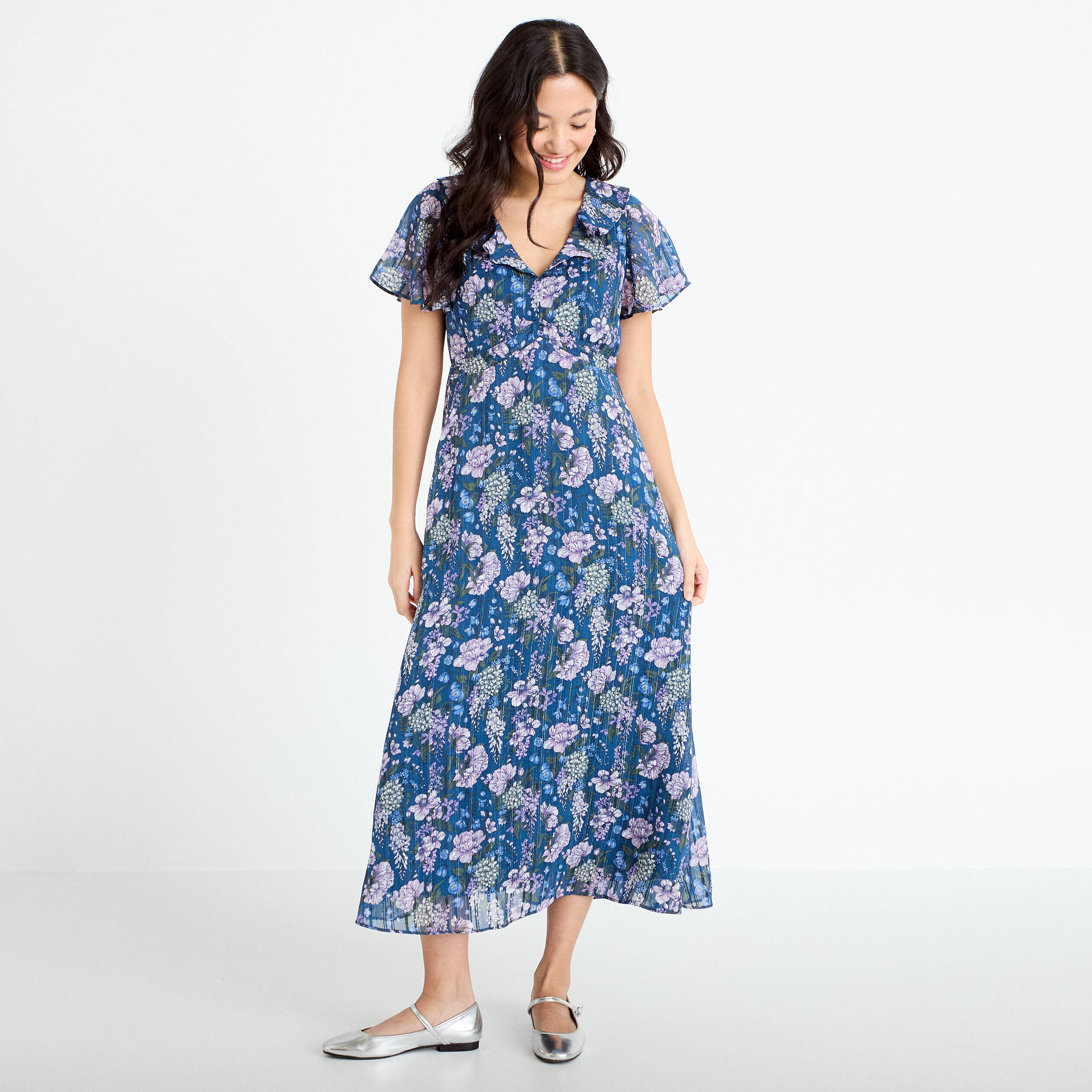 Robe longue &eacute;vas&eacute;e Bridgerton bleu marine femme