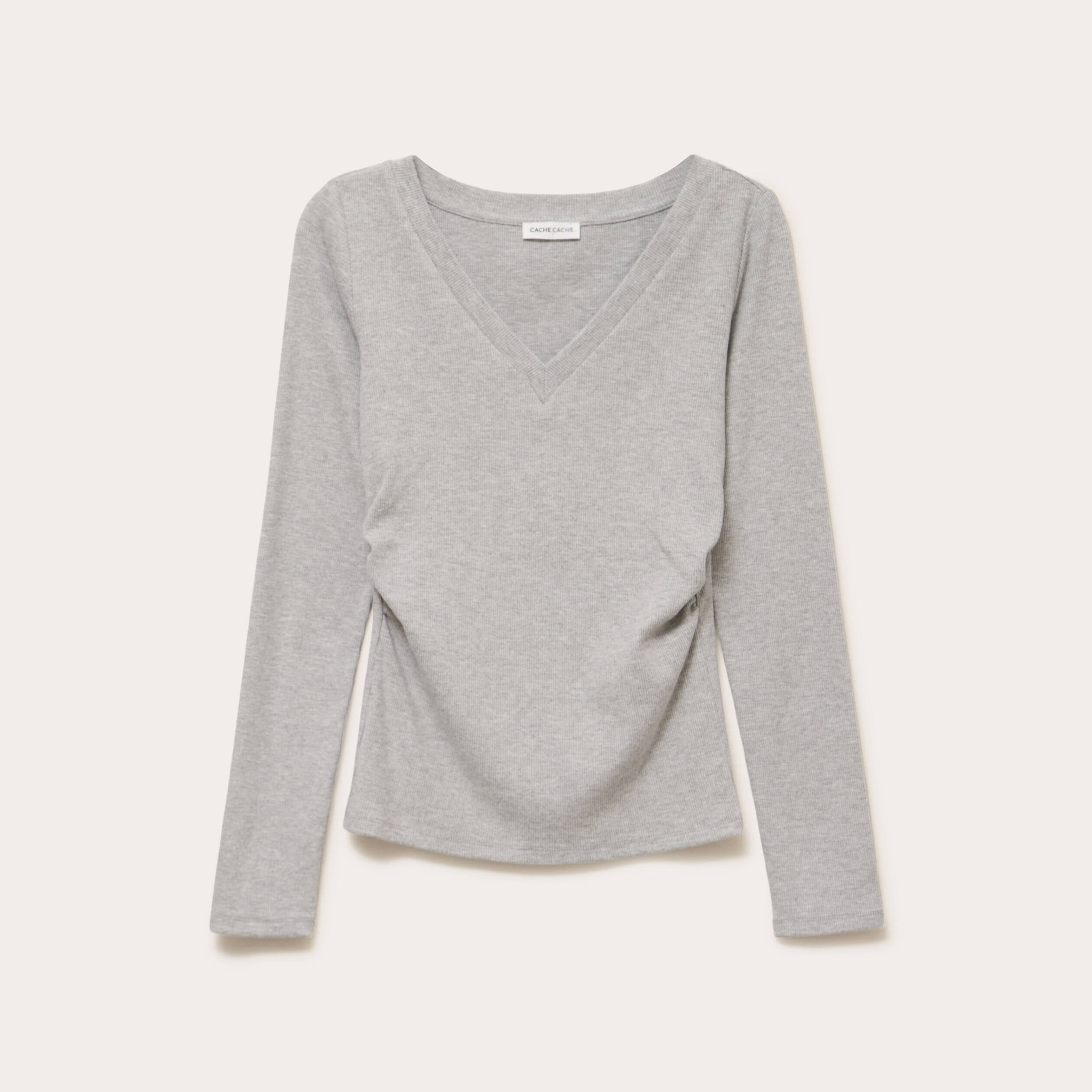 Top ajust&eacute; col v manches longues gris clair femme