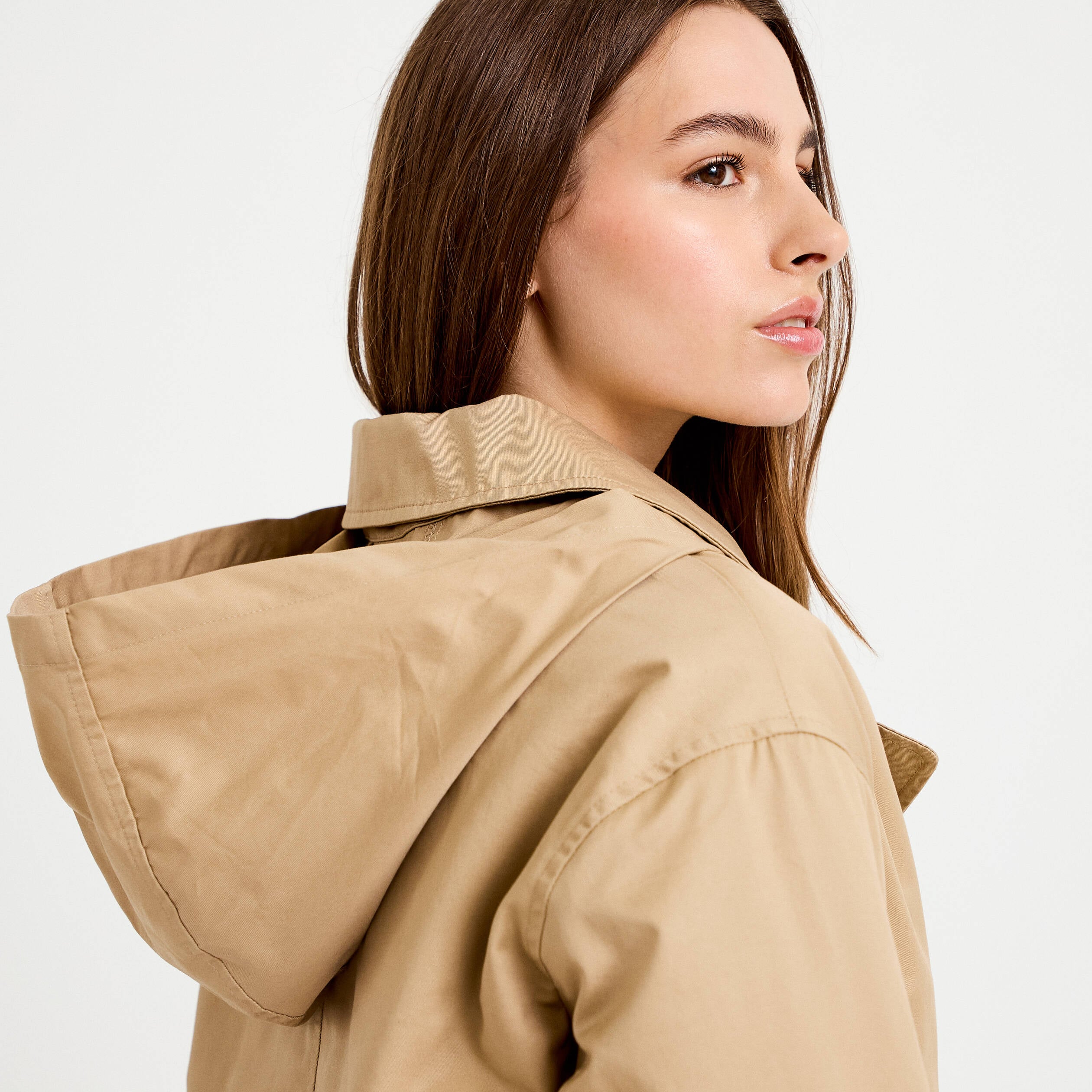Trench droit court &agrave; capuche amovible beige femme