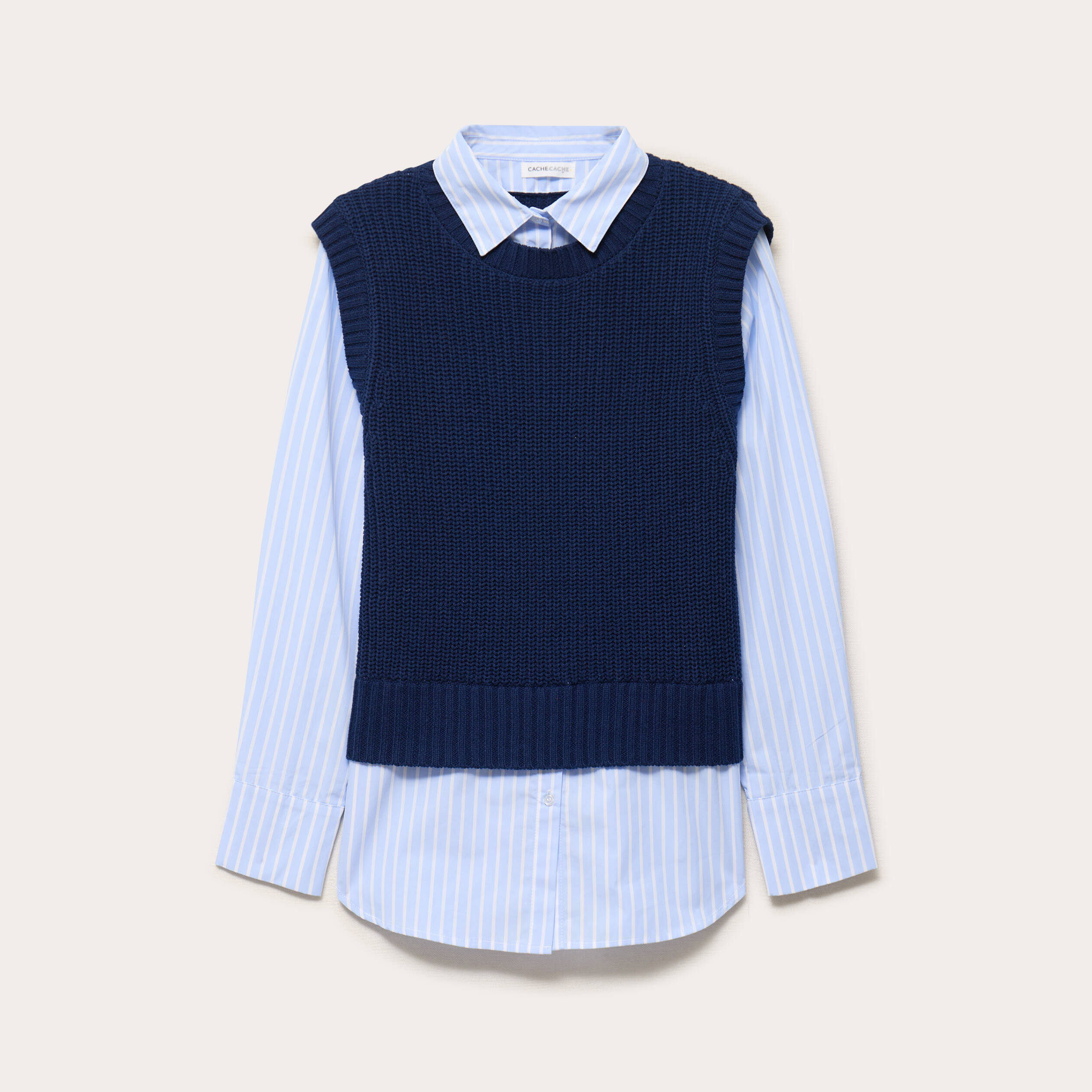 Pull chemise 2-en-1 bleu marine femme