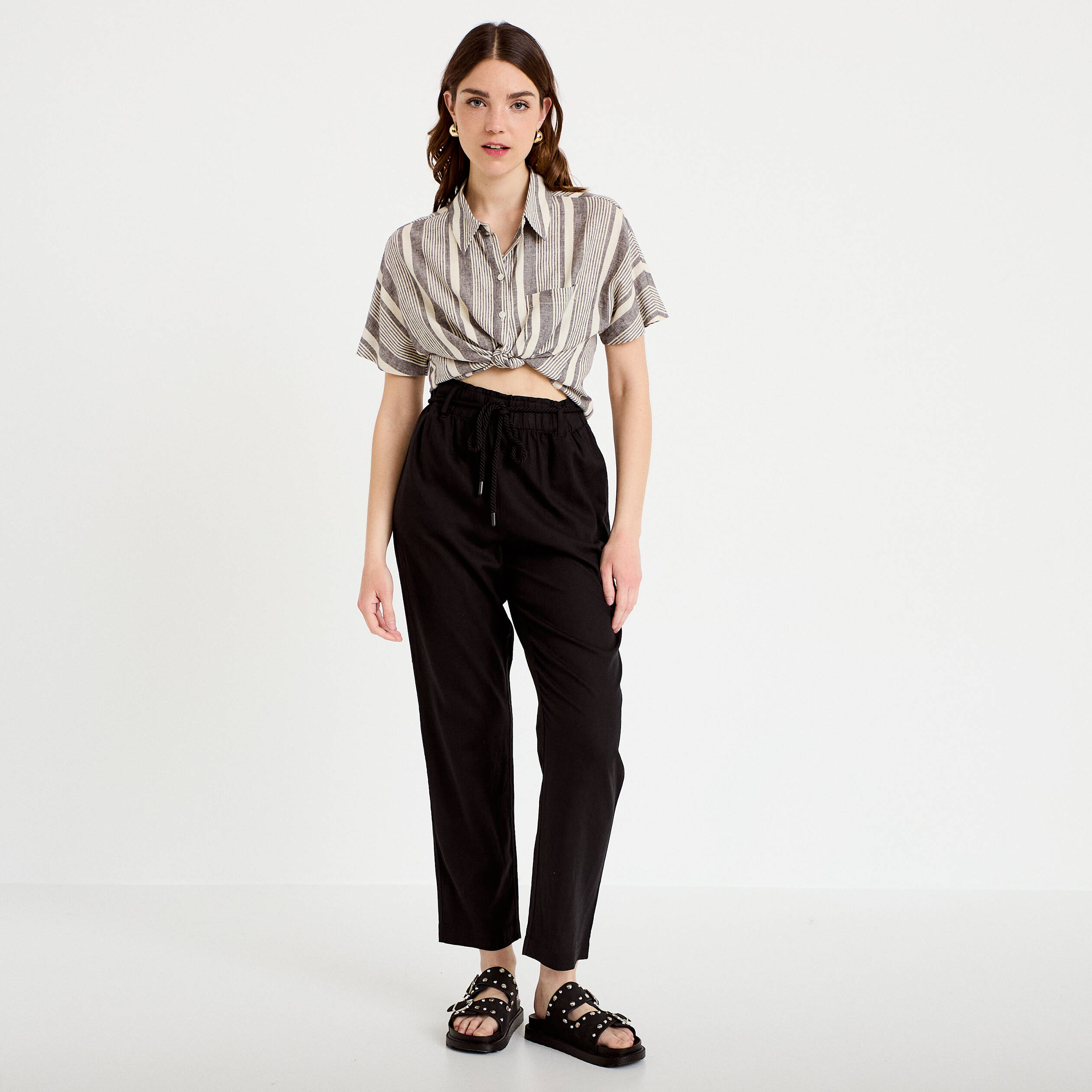 Pantalon large 7/8&egrave;me taille haute noir femme