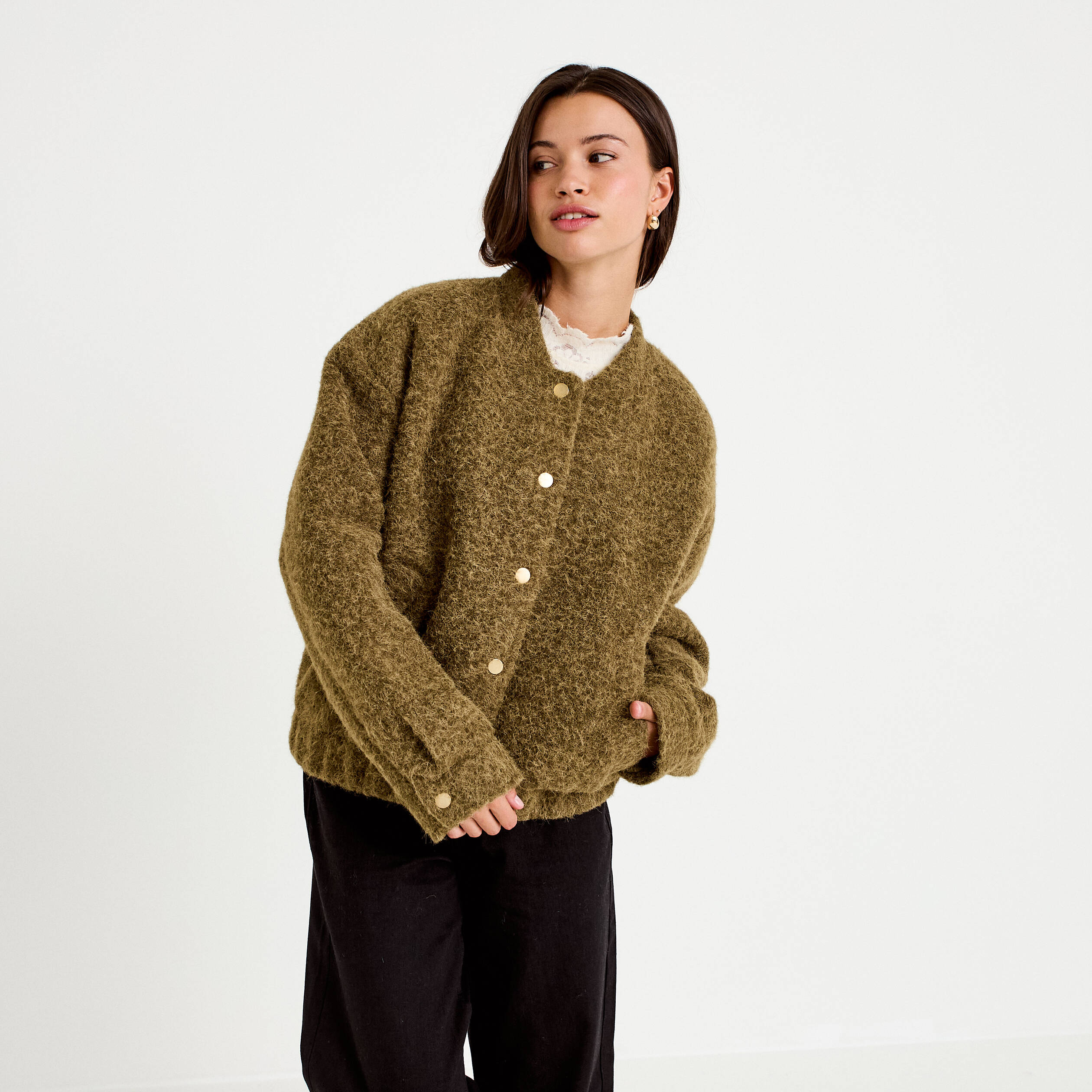 Bomber oversize manches longues vert kaki femme