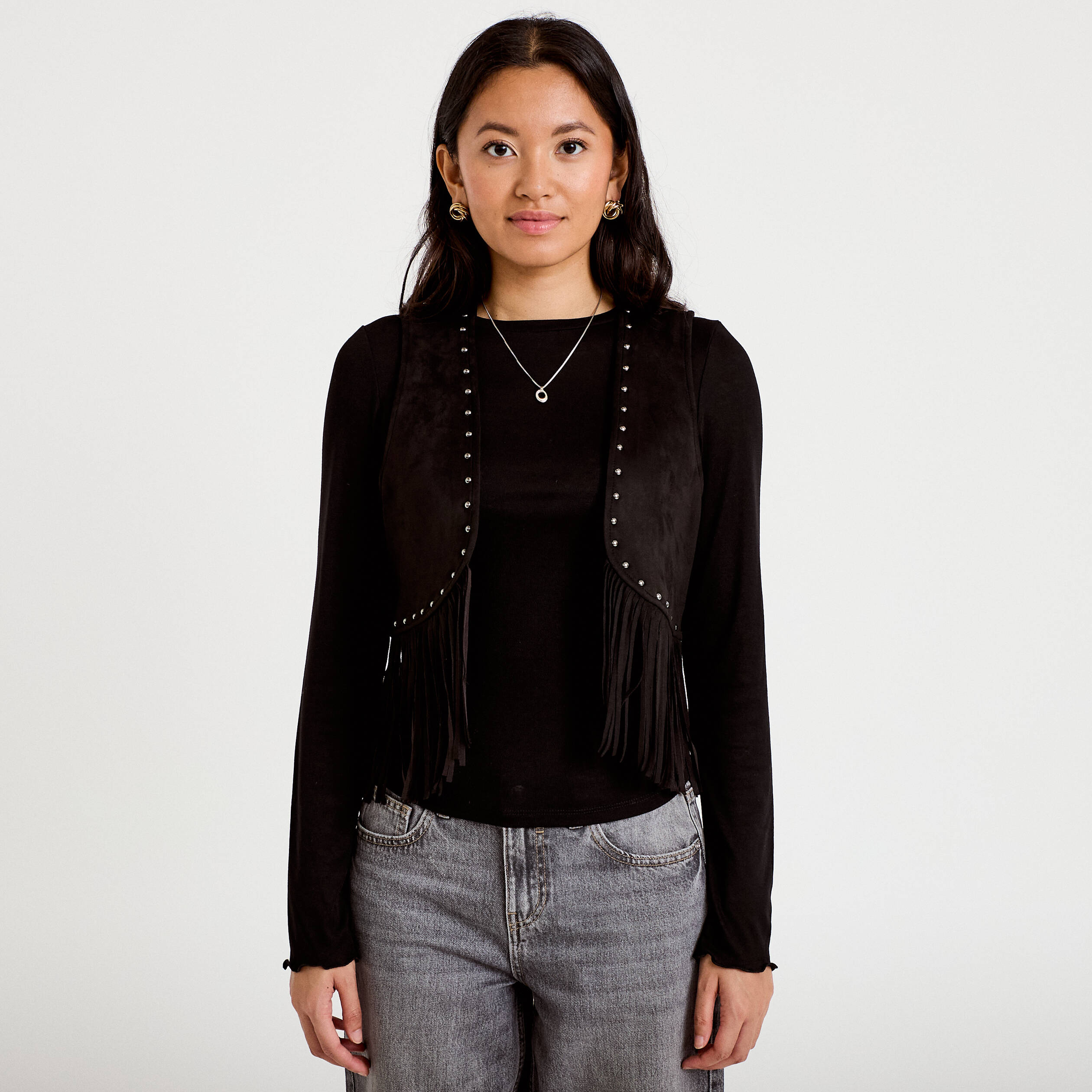 Gilet droit sans manches aspect daim noir femme
