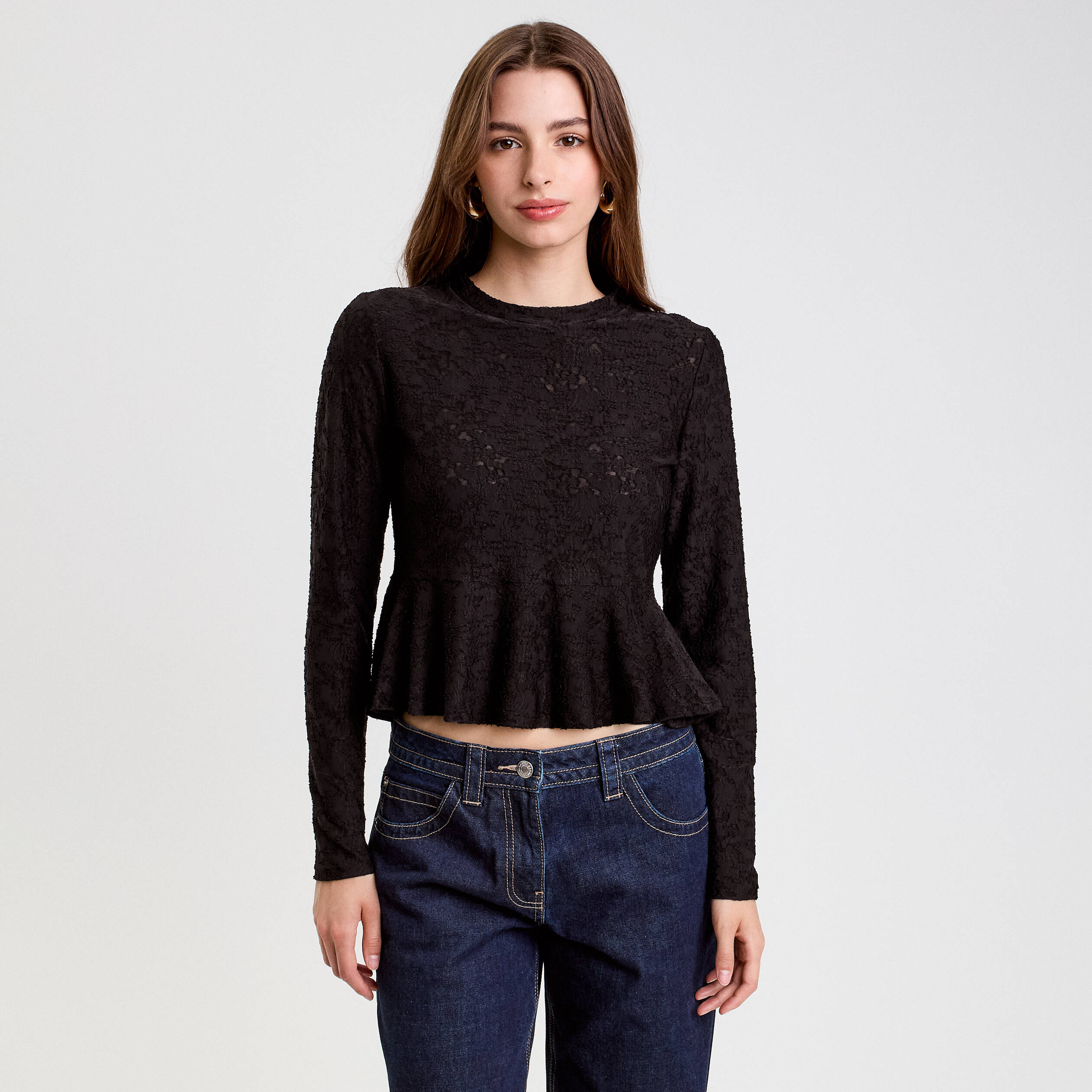 Blouse ajust&eacute;e col rond manches longues noir femme