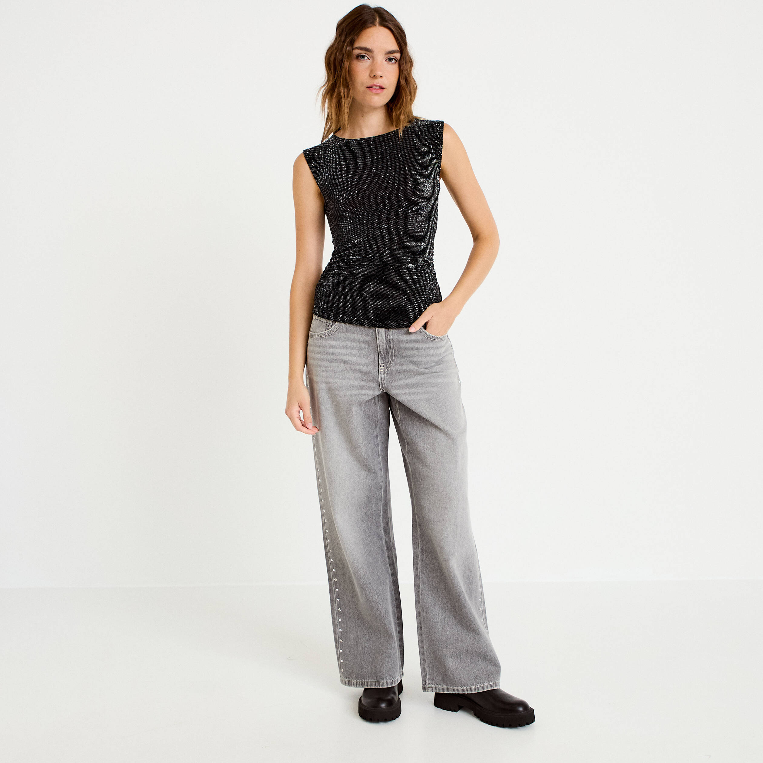 Jean wide leg taille basse denim gris clair femme