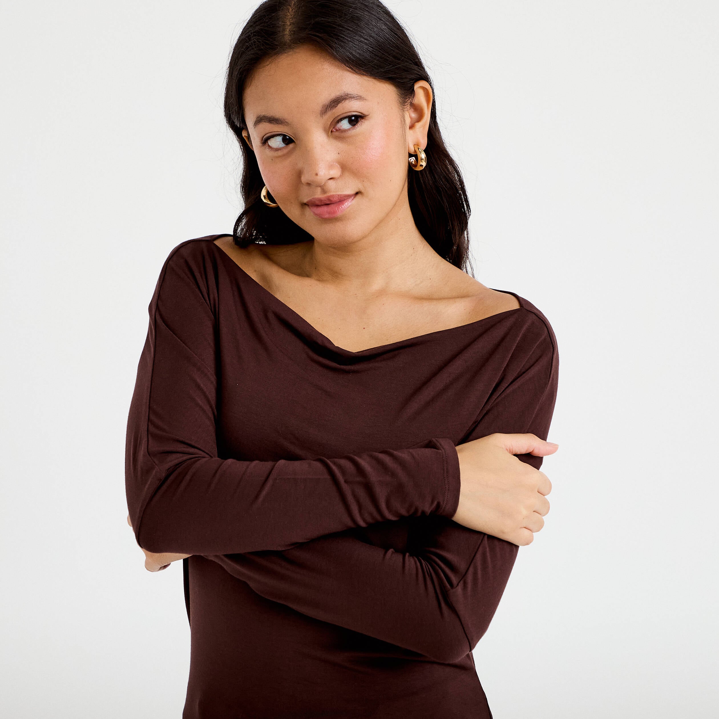 T-shirt col bateau manches longues marron fonc&eacute; femme