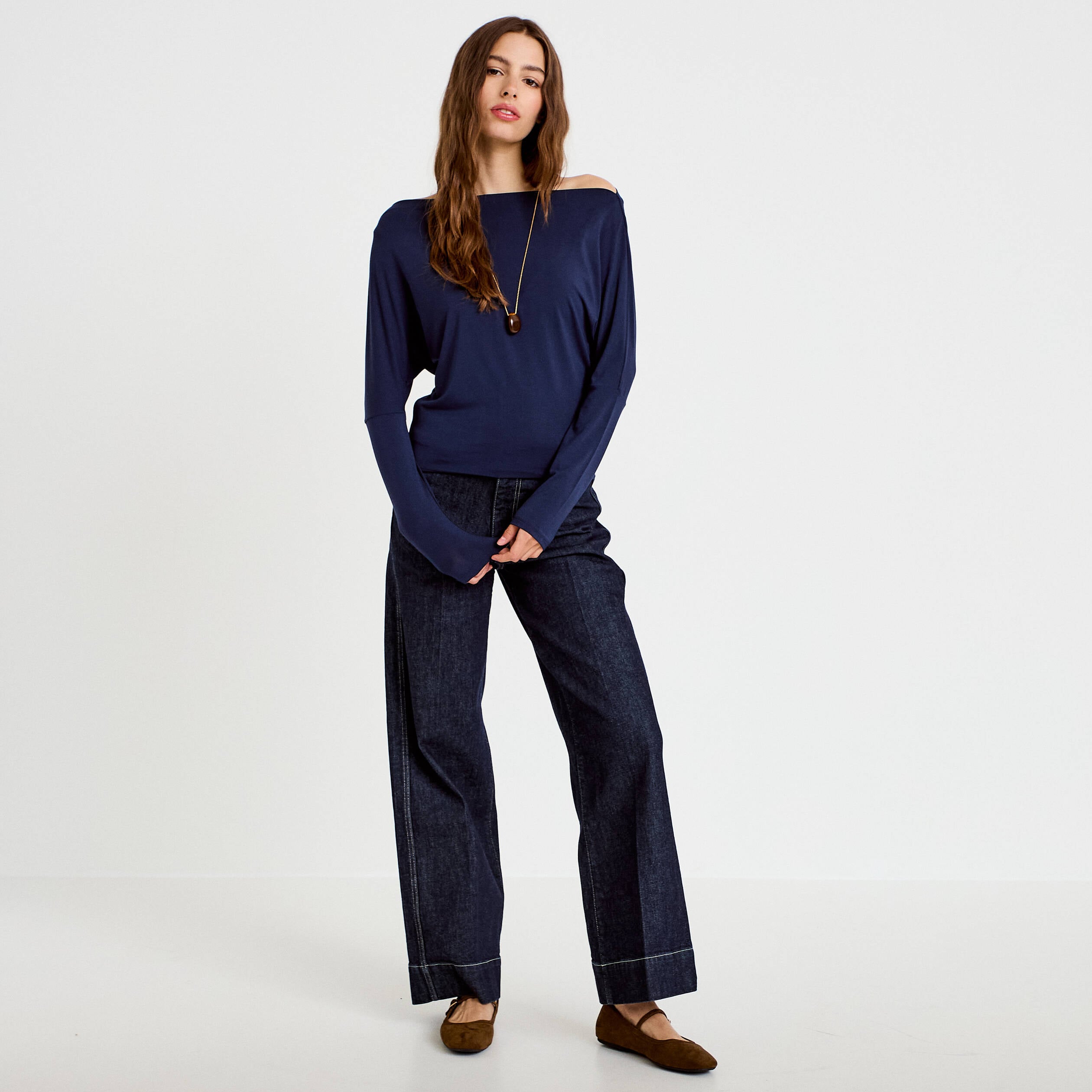 T-shirt col bateau manches longues bleu marine femme