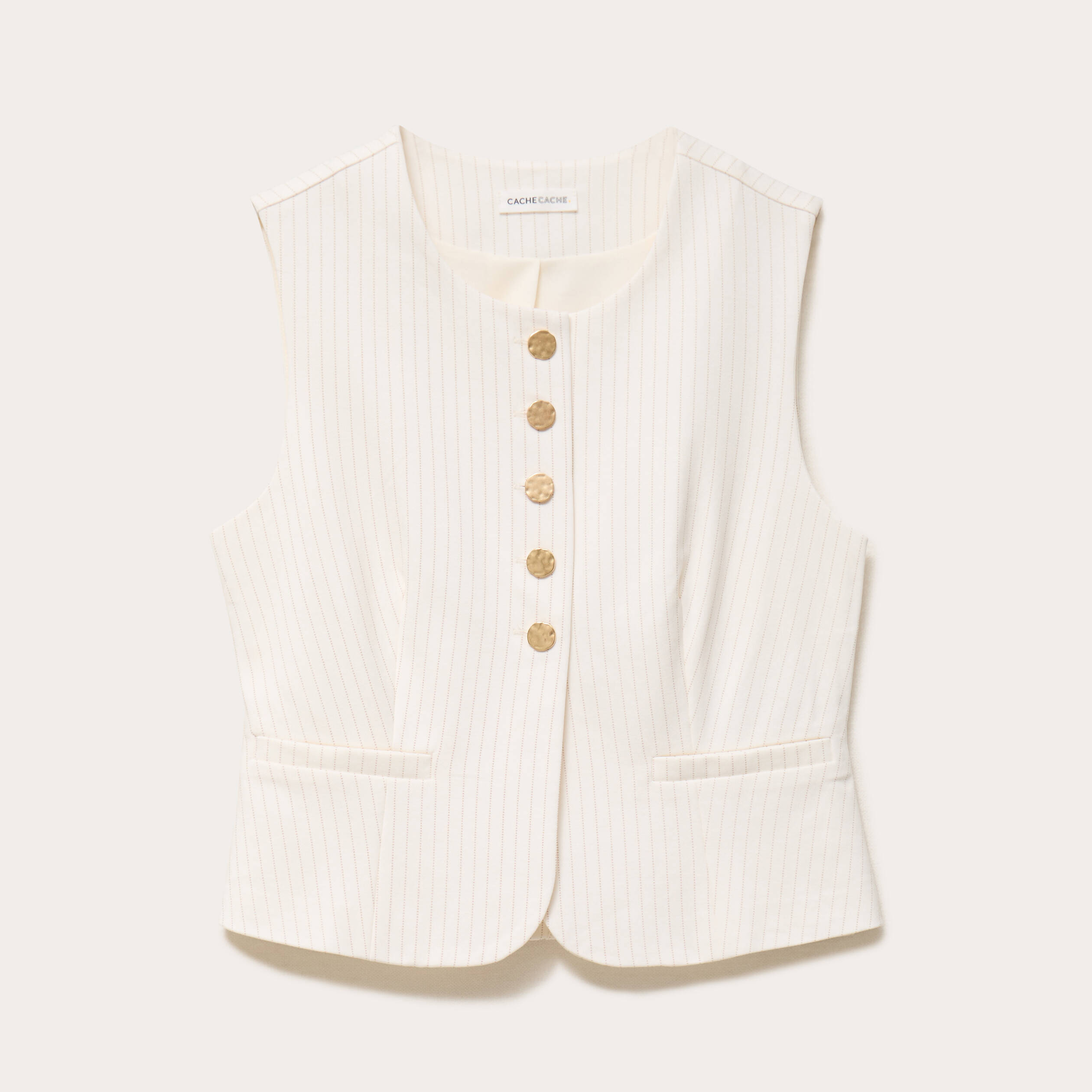 Gilet ajust&eacute; sans manches col rond ecru femme