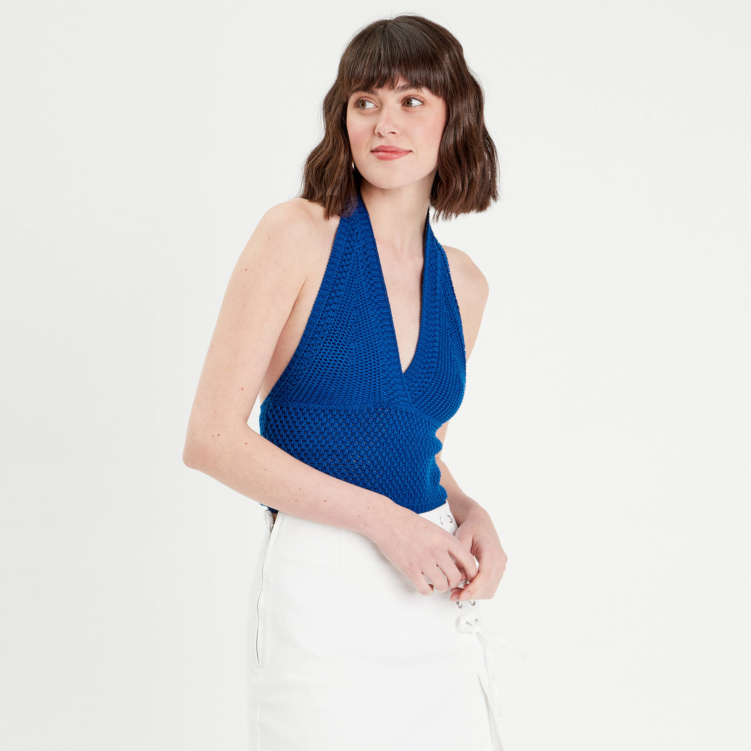 Crop top en crochet bleu electrique femme