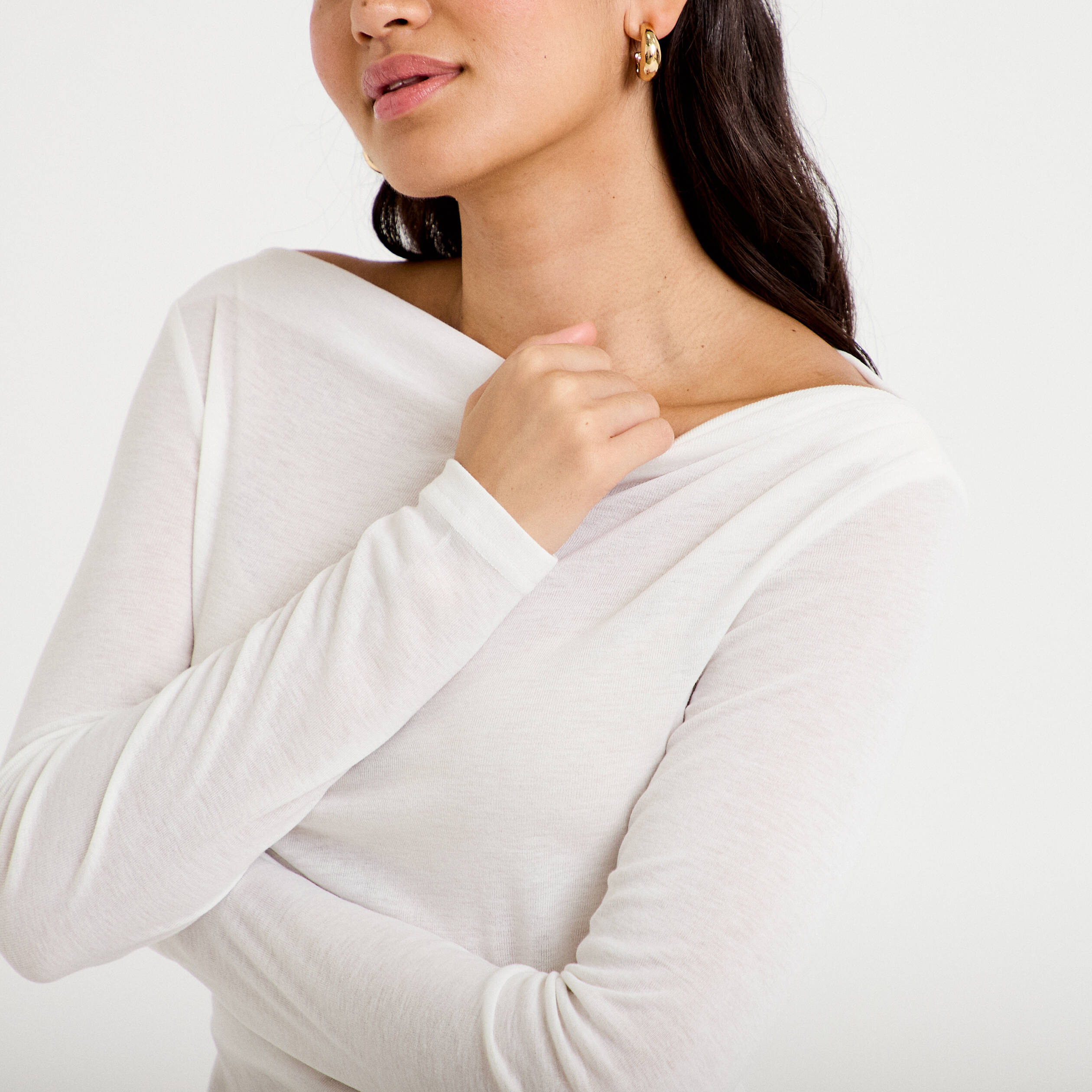 T-shirt col b&eacute;nitier manches longues ecru femme