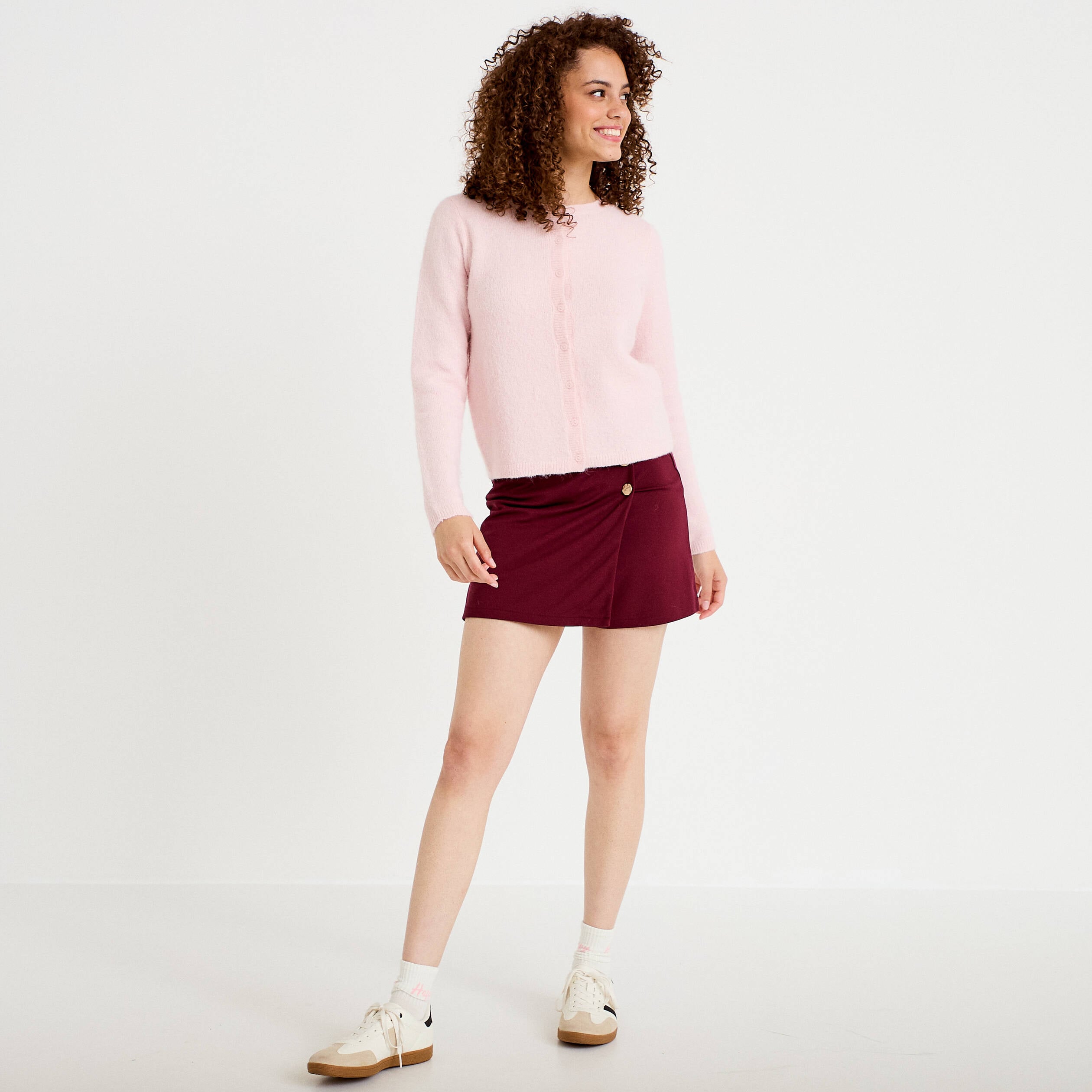 Jupe-short trap&egrave;ze en maille bordeaux femme