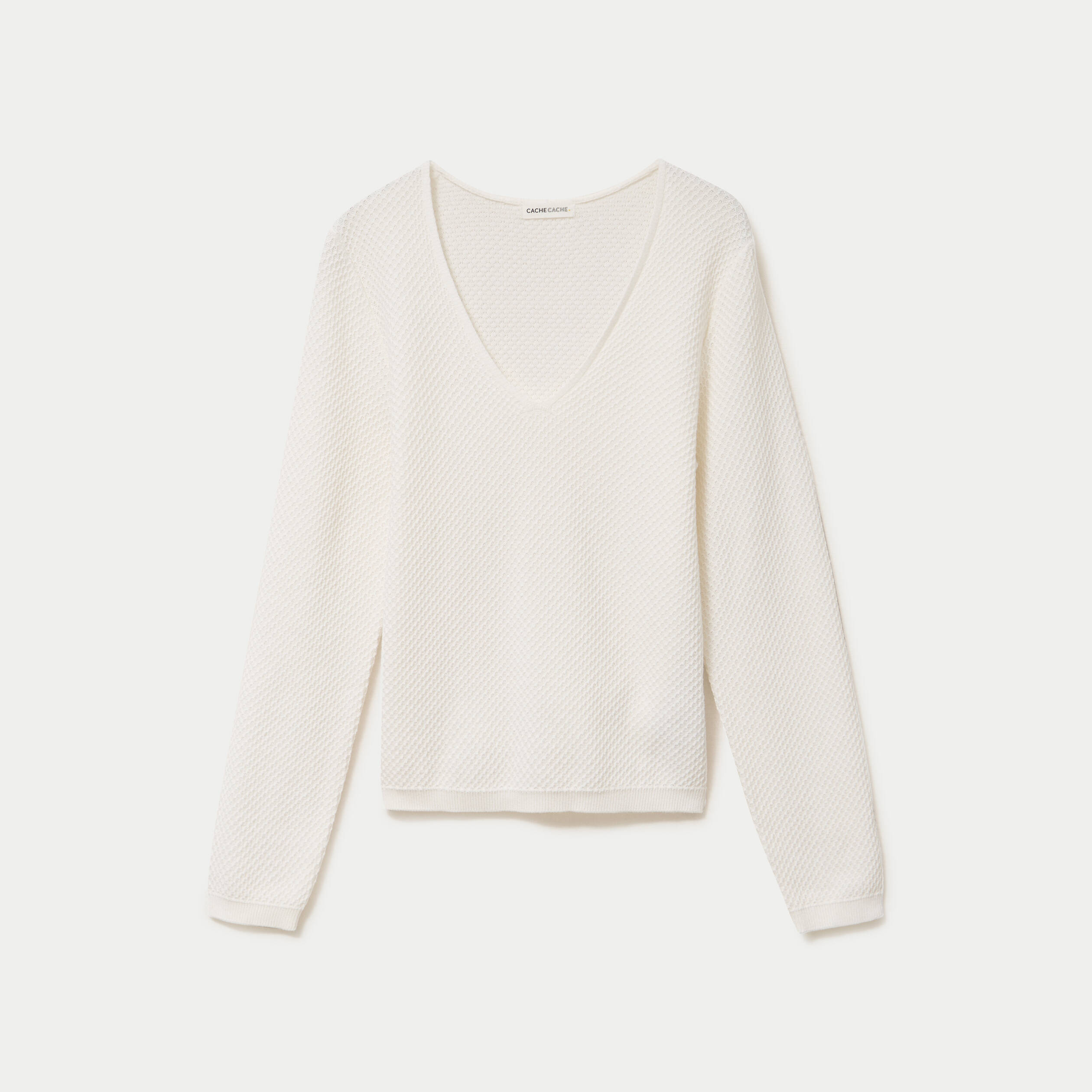 Pull col v manches longues ecru femme