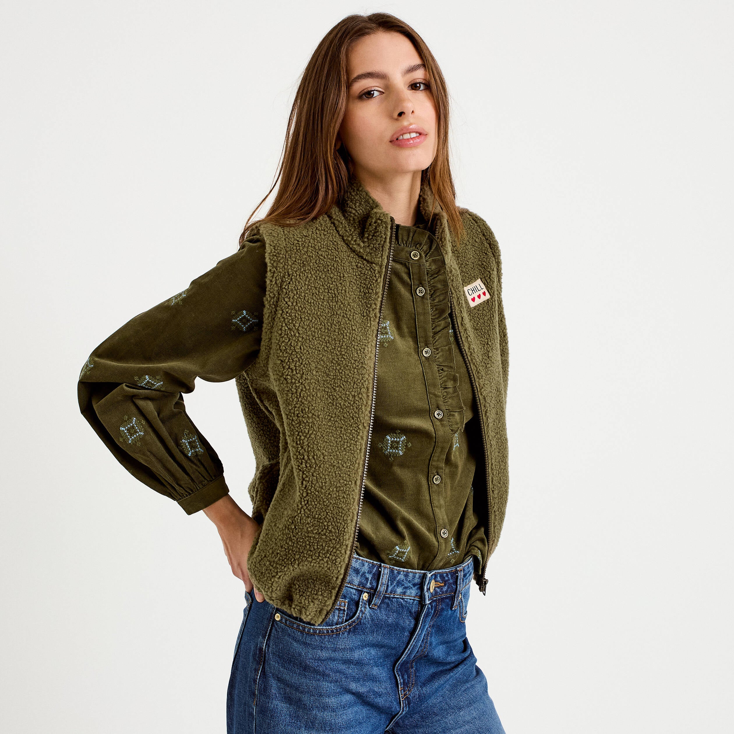 Veste sans manches col montant bouclette vert kaki femme