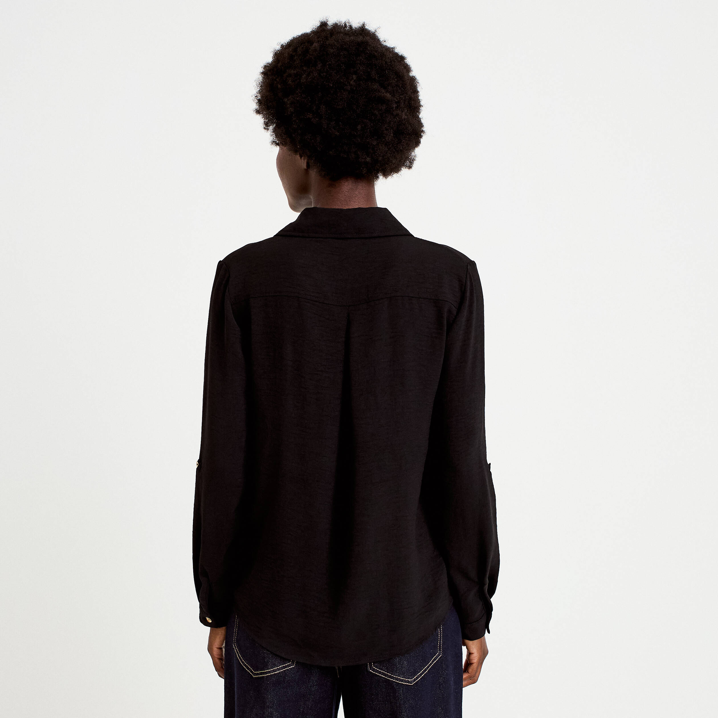 Chemise droite pliss&eacute;e manches longues noir femme