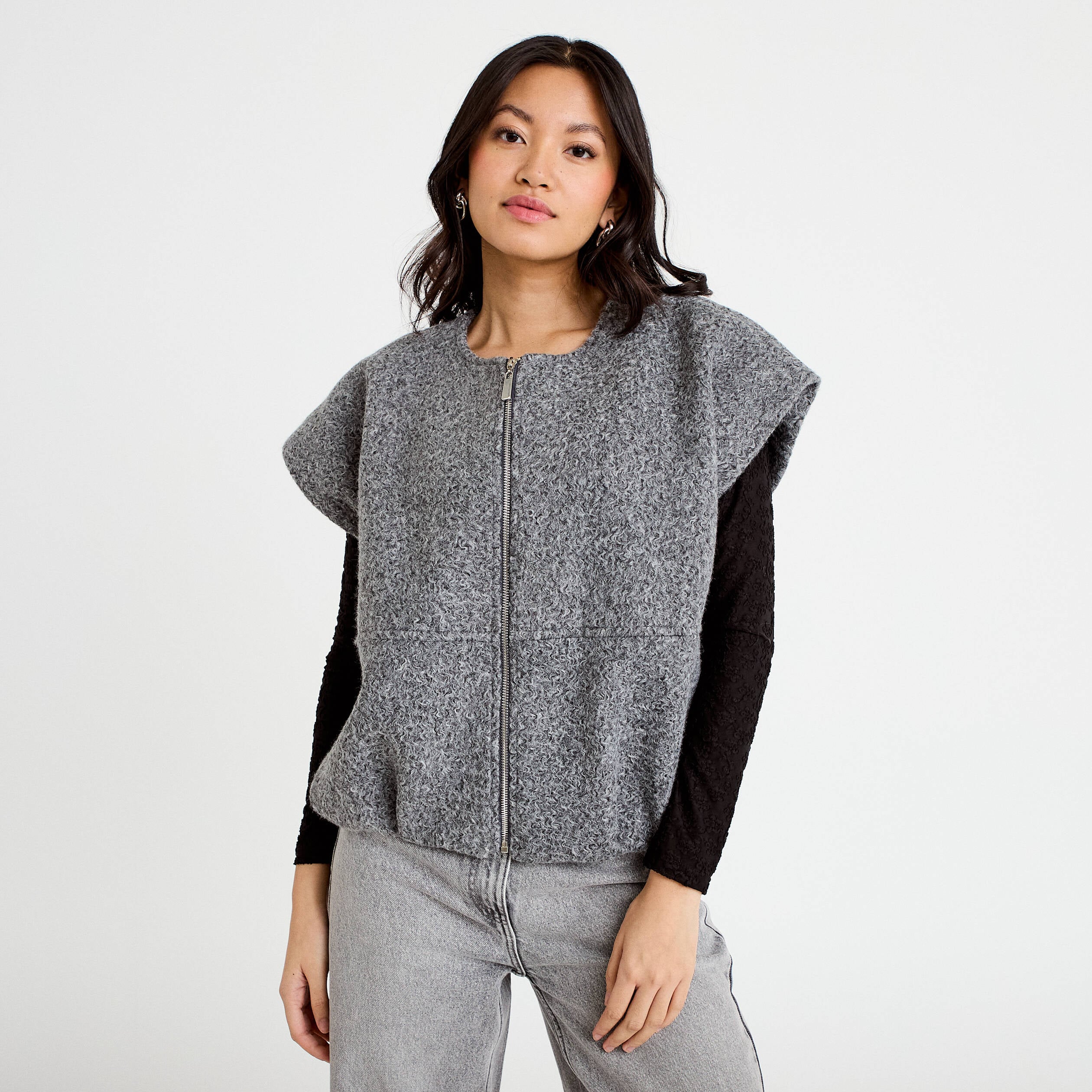 Gilet oversize sans manches col rond gris clair femme