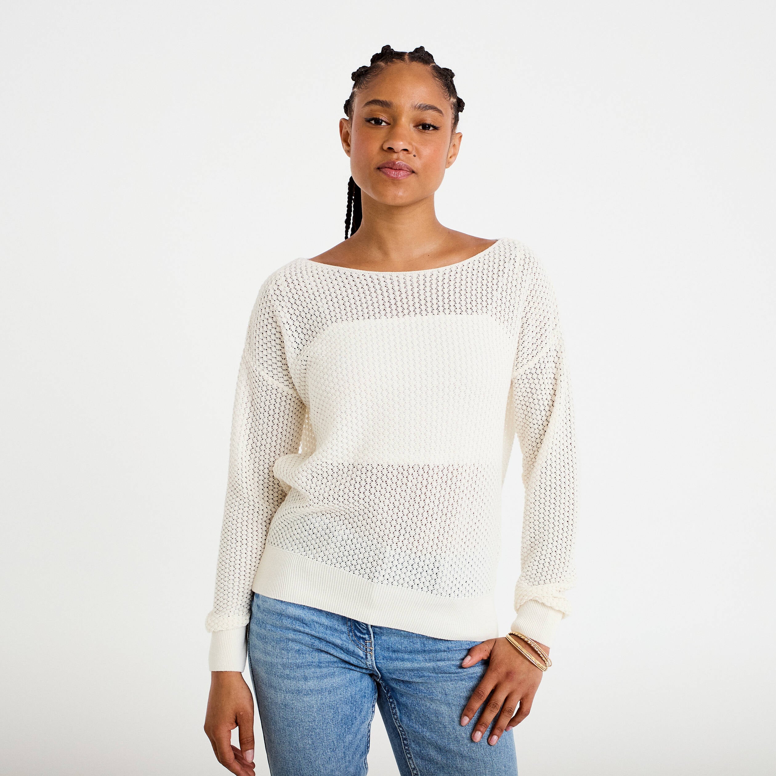 Pull ample ajour&eacute; manches longues ecru femme