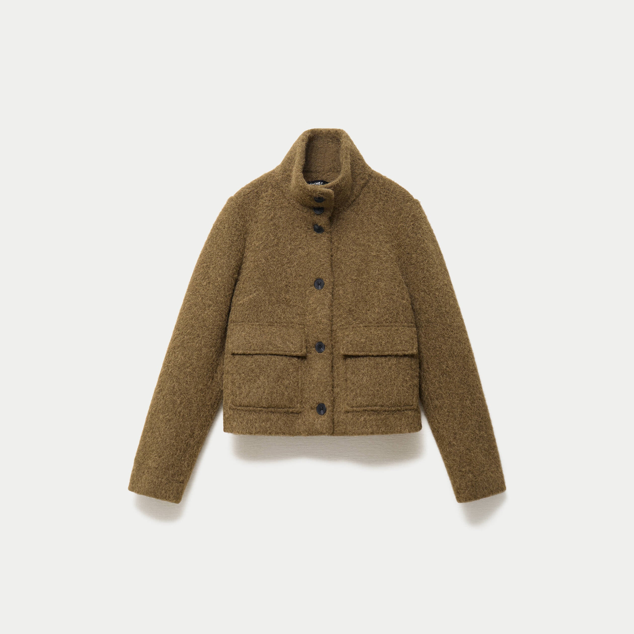Veste droite bouclette col montant vert kaki femme