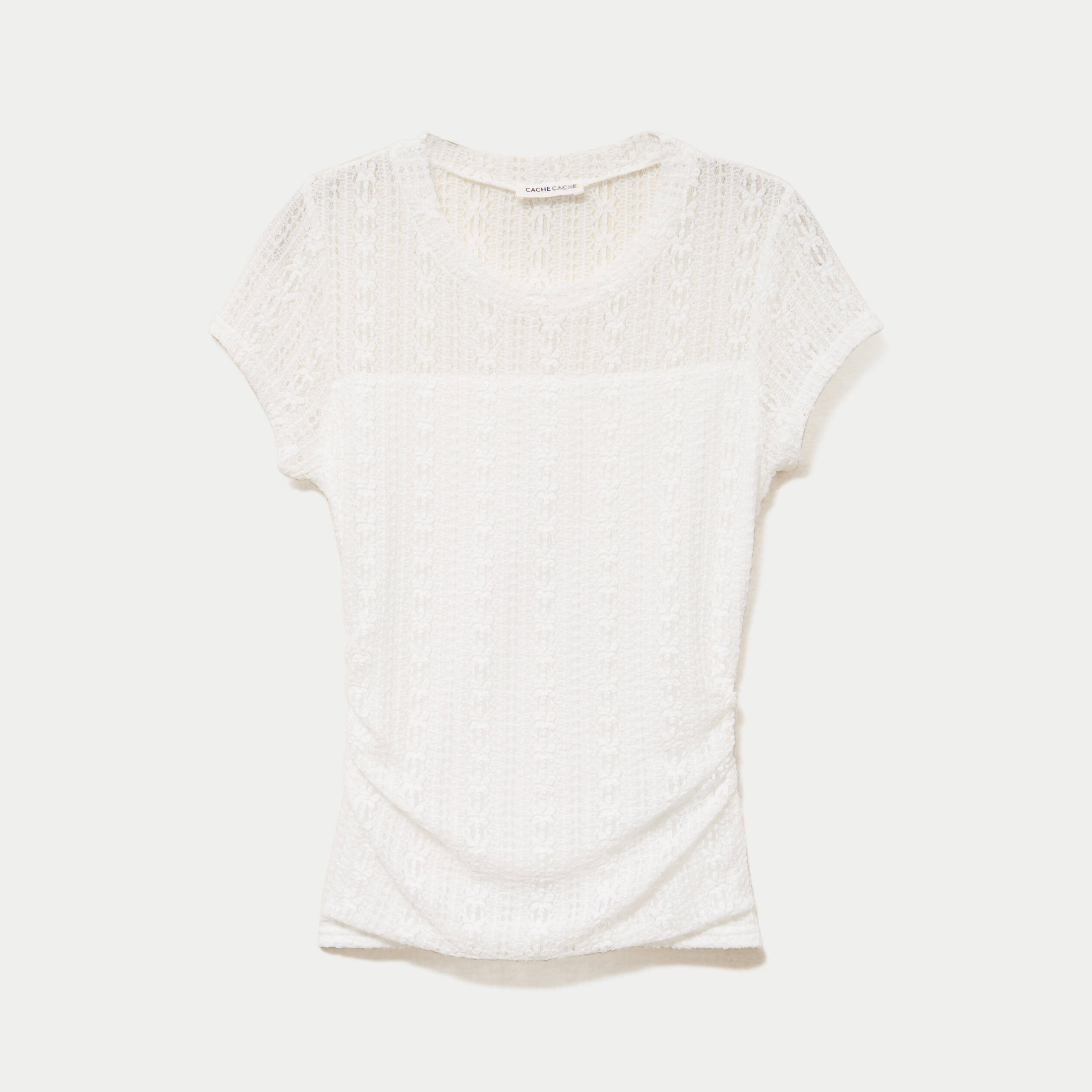 Top en dentelle col rond manches courtes ecru femme
