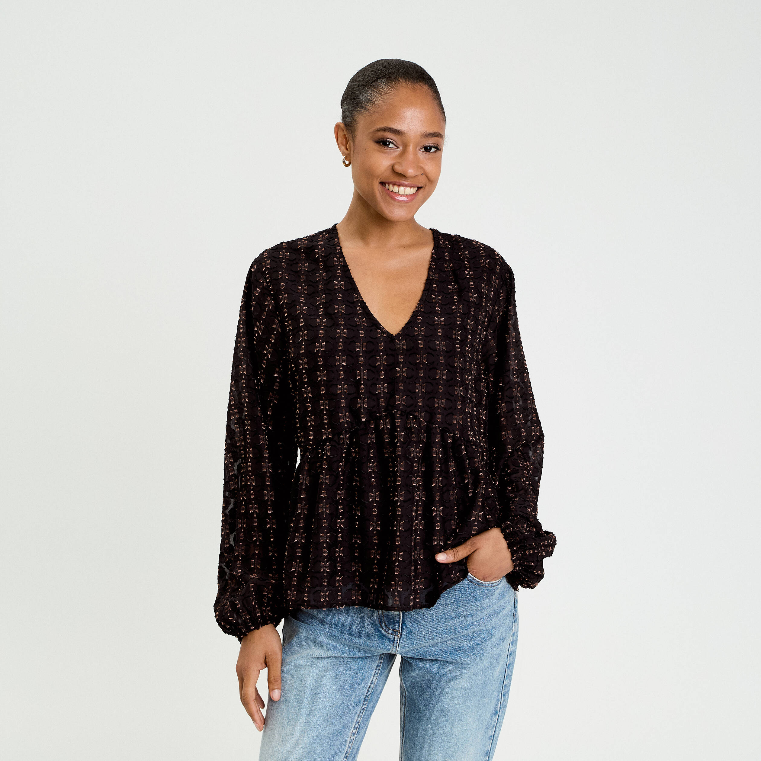 Blouse col V noir femme