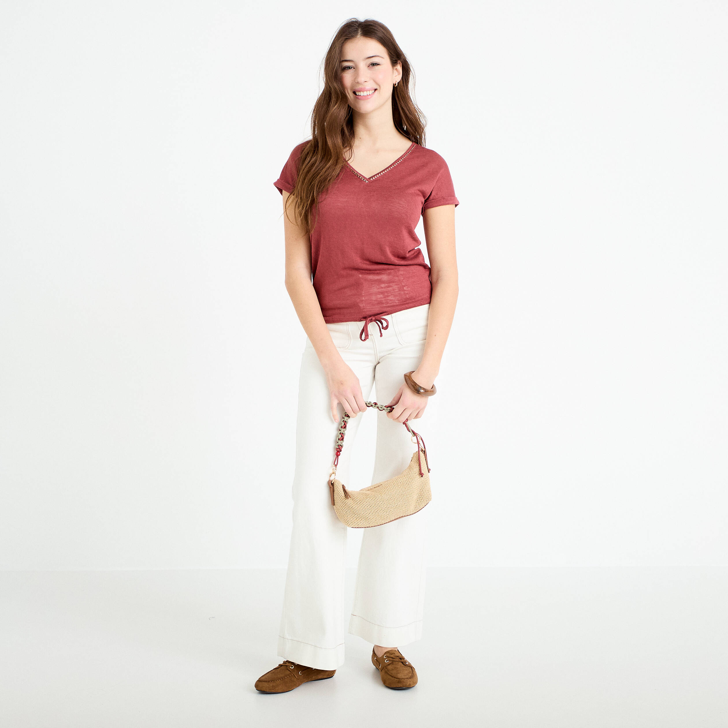 T-shirt d&eacute;tail noeud vieux rose femme