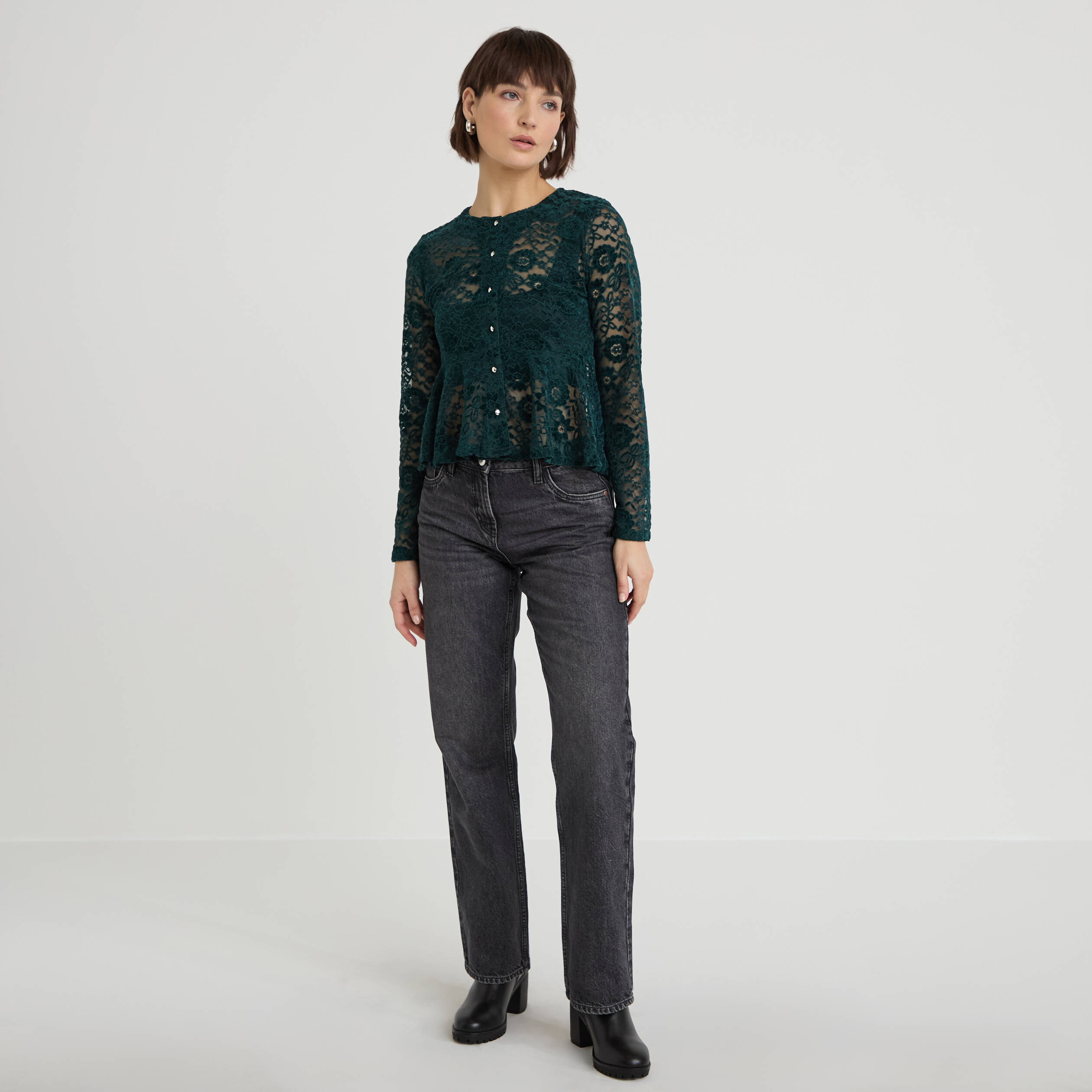 Blouse p&eacute;plum dentelle vert fonc&eacute; femme
