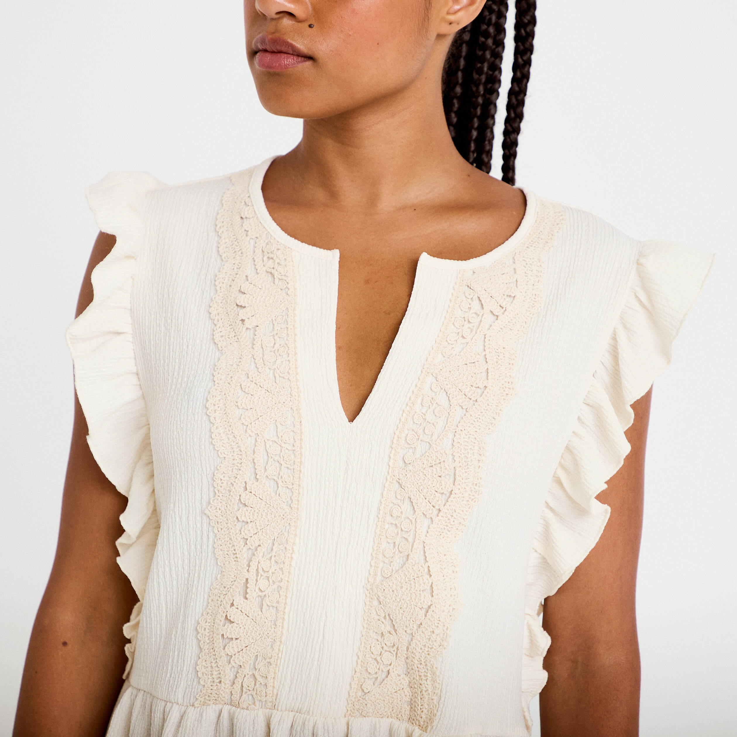 Blouse sans manches col v ecru femme