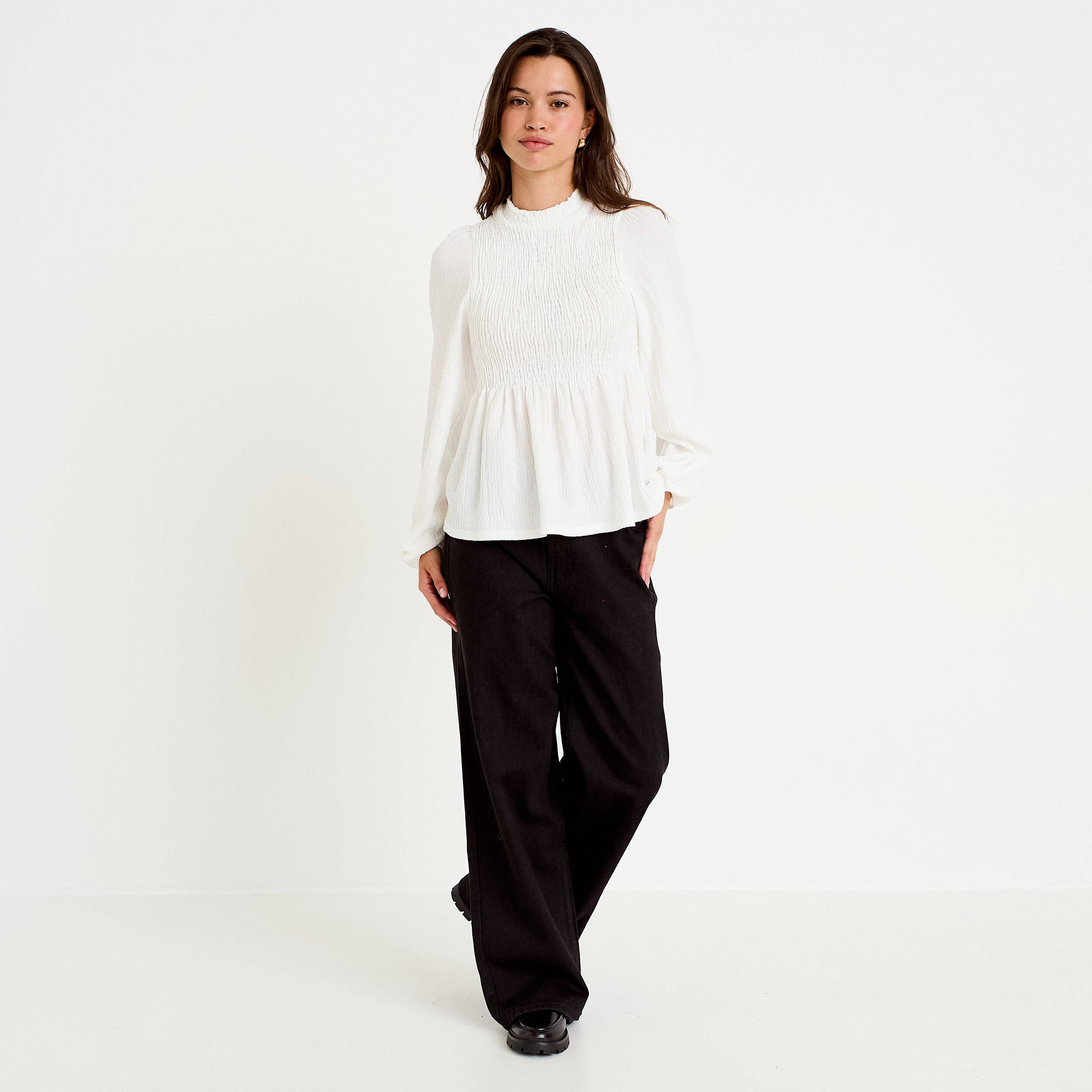 Blouse p&eacute;plum manches longues pliss&eacute;e ecru femme