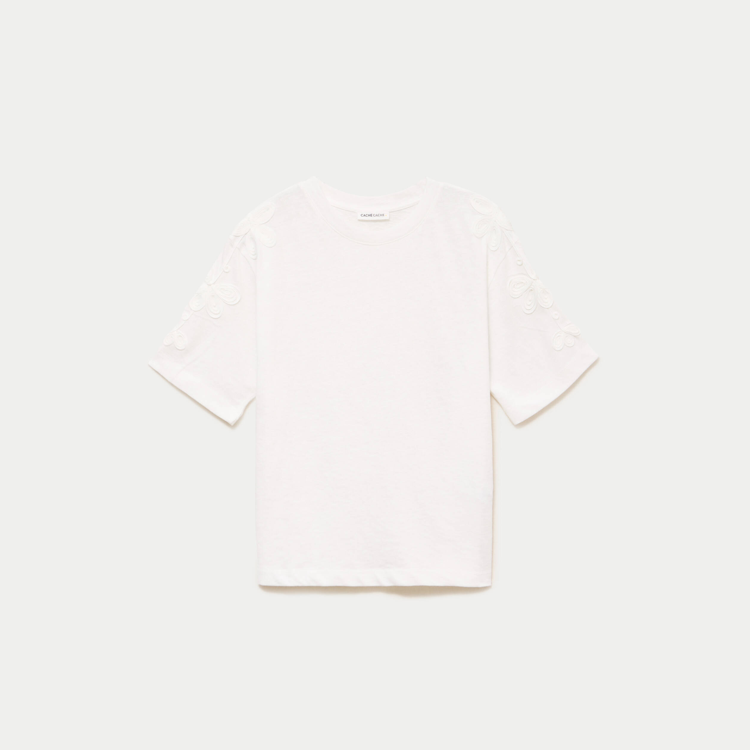 T-shirt col rond manches courtes brod&eacute; ecru femme
