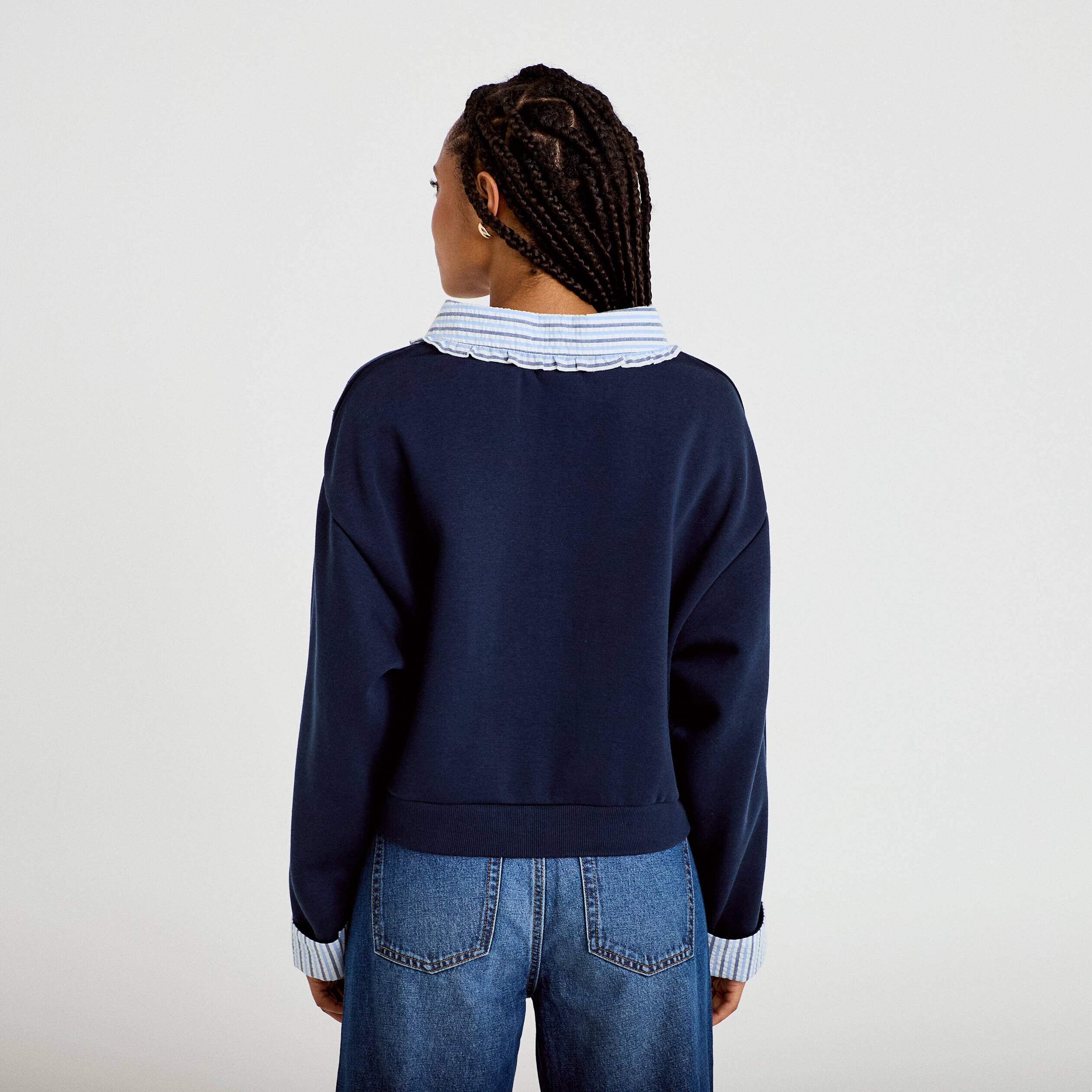 Sweat col chemise manches longues bleu marine femme