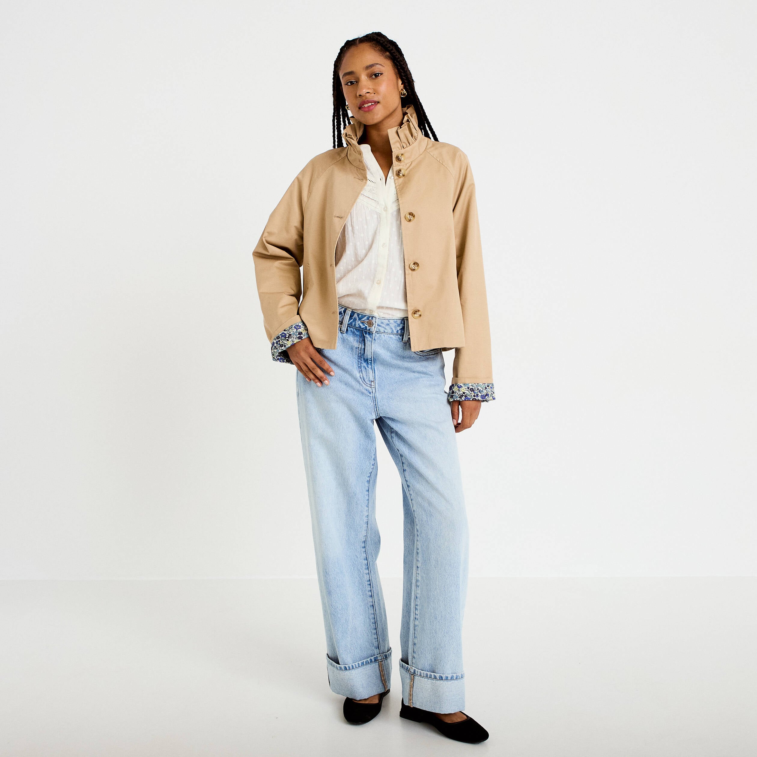 Veste droite col montant manches longues beige femme