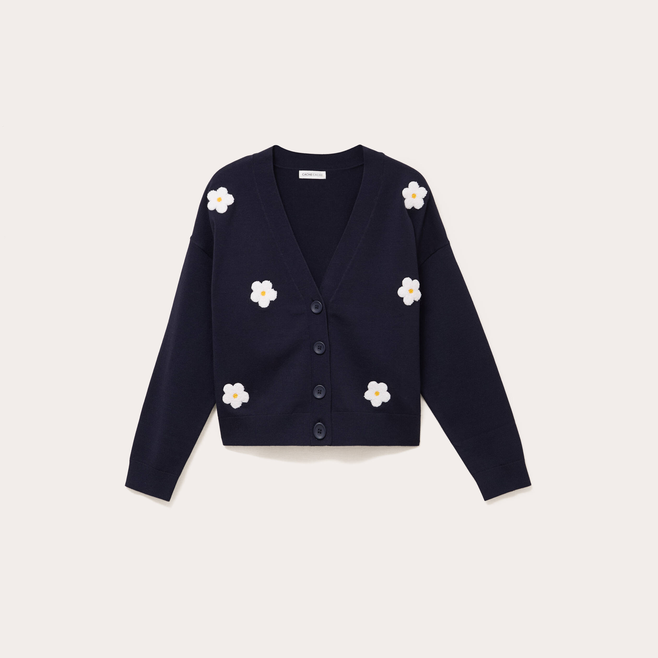 Gilet brod&eacute; col v bleu marine femme