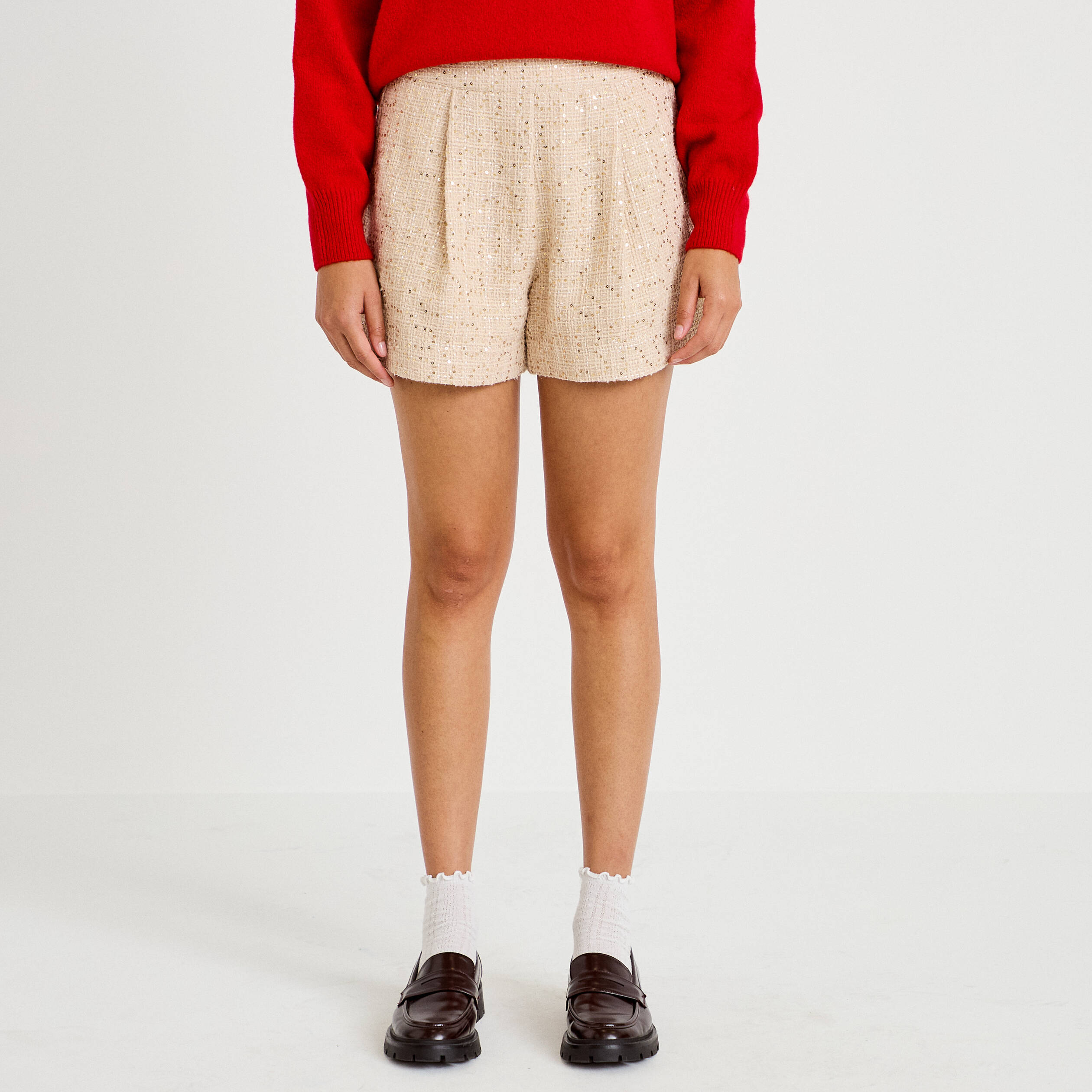 Short large taille haute en tweed ivoire femme