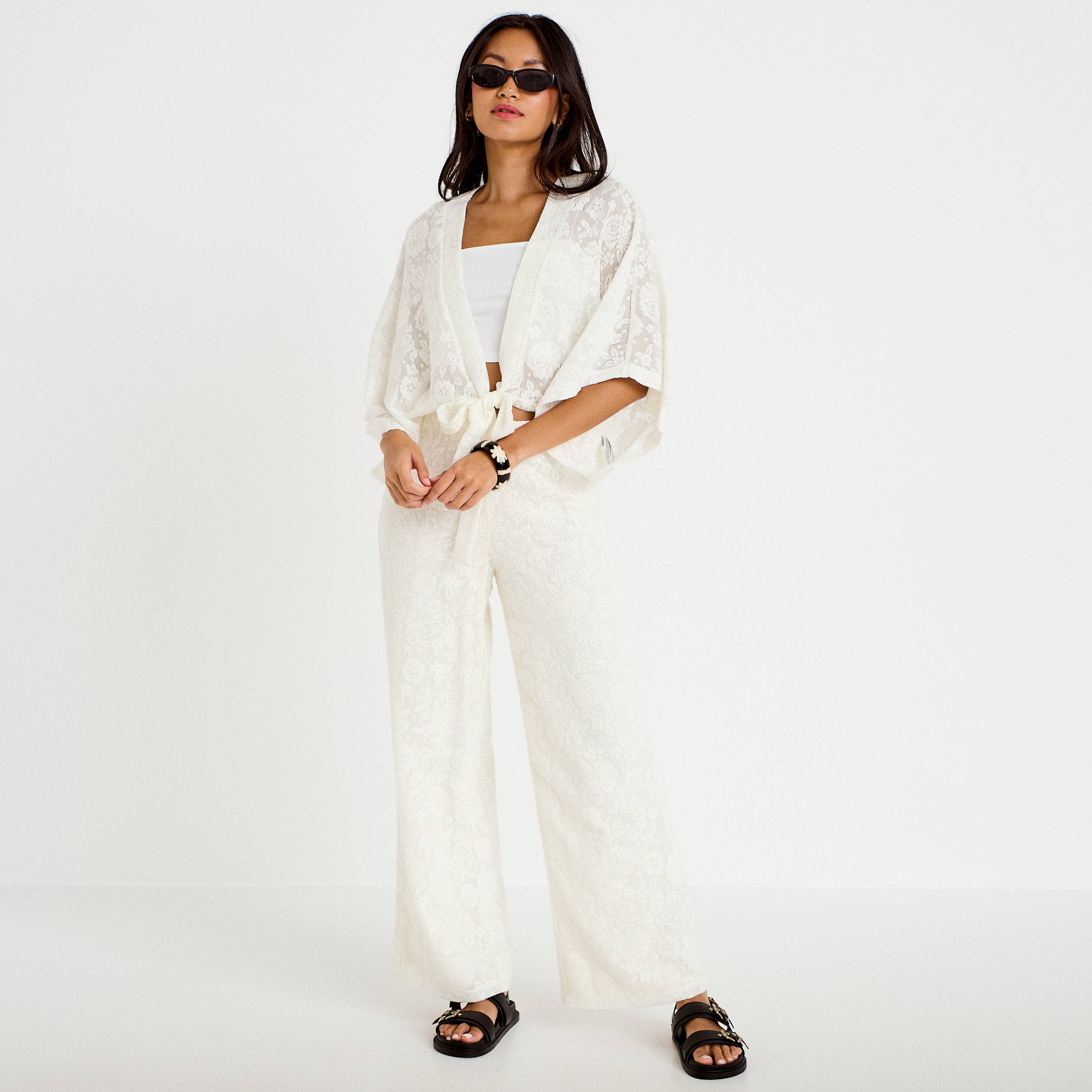 Pantalon large taille haute ecru femme