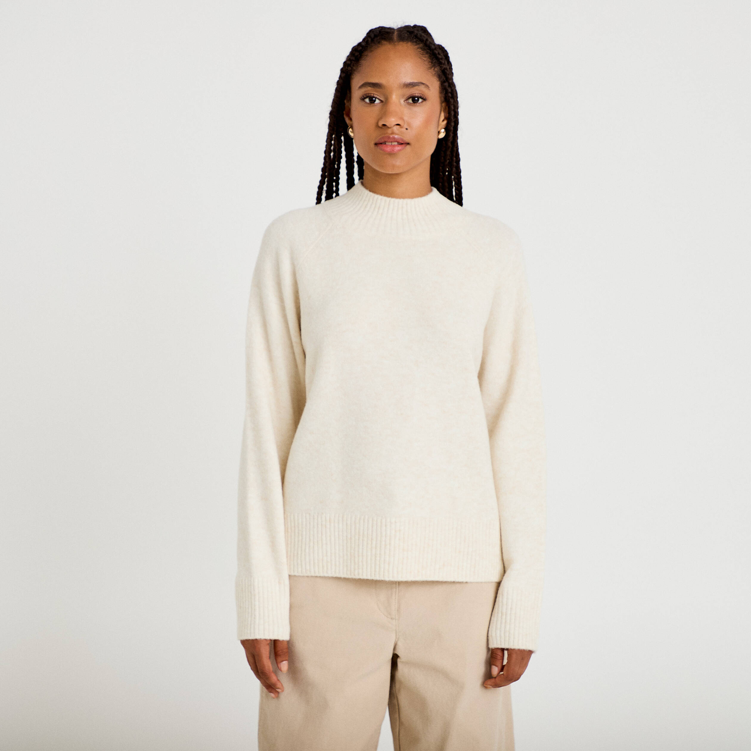 Pull col montant manches longues ecru femme