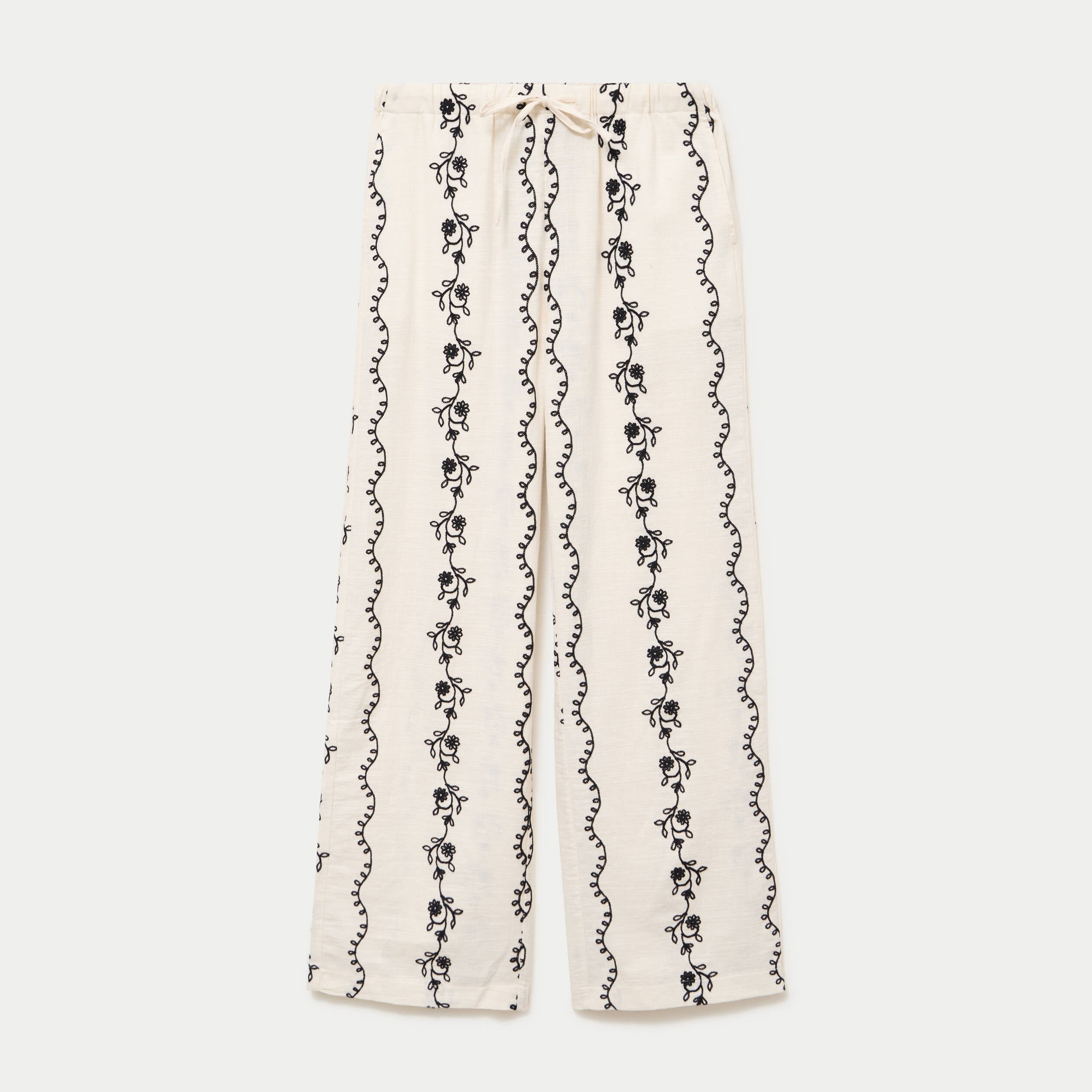 Pantalon large taille standard brod&eacute; blanc femme