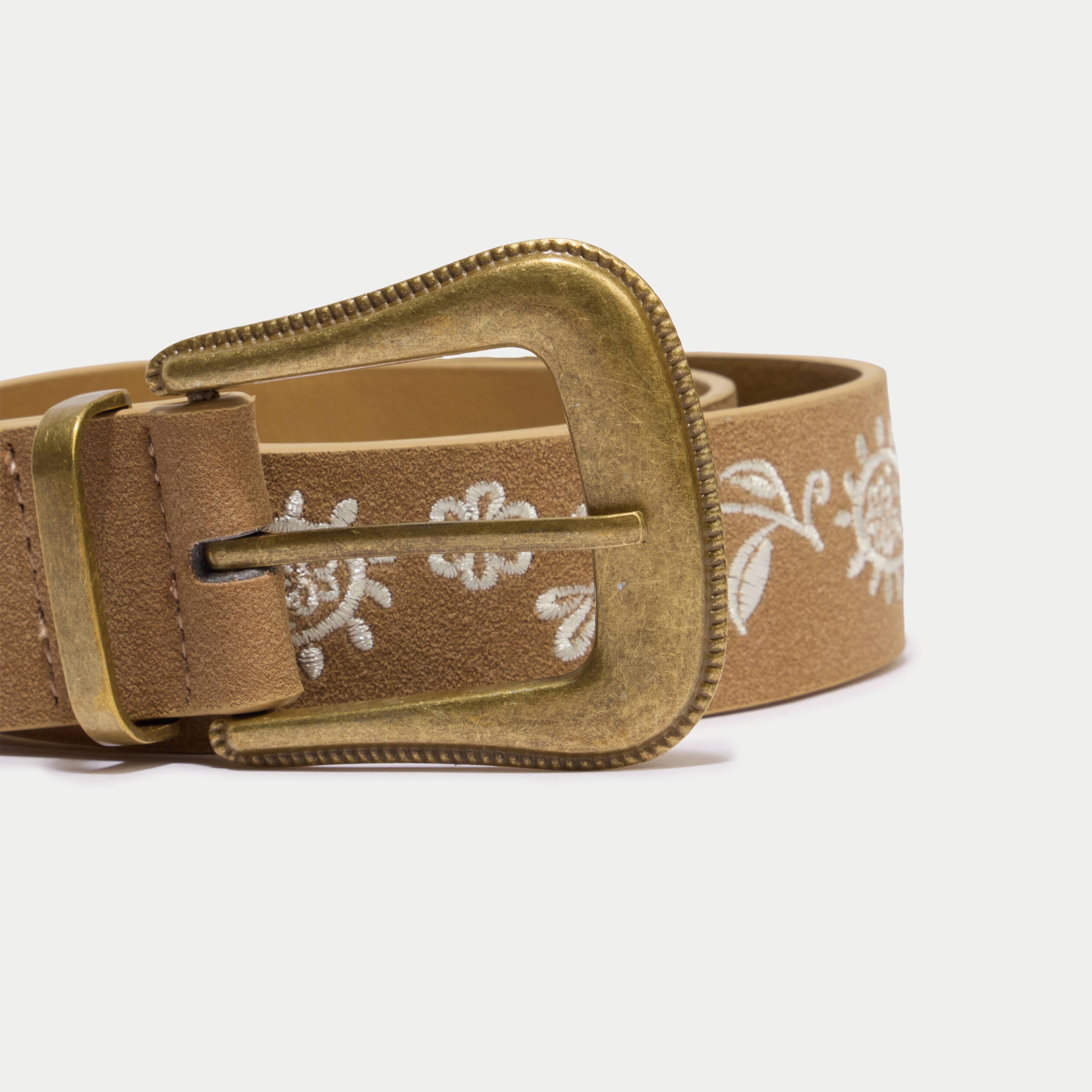 Ceinture large aspect daim broderie beige femme
