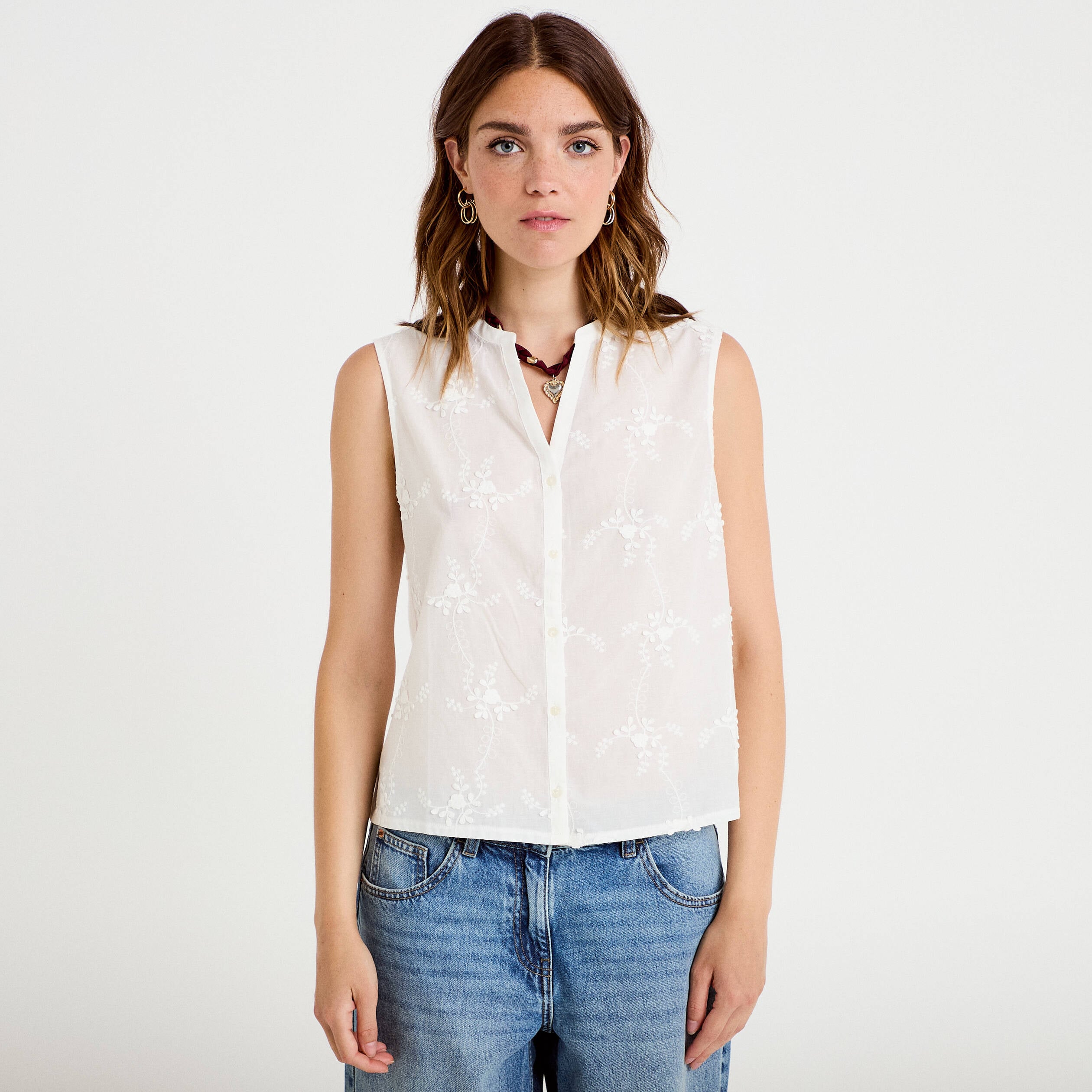 Chemise droite sans manches &agrave; relief ecru femme