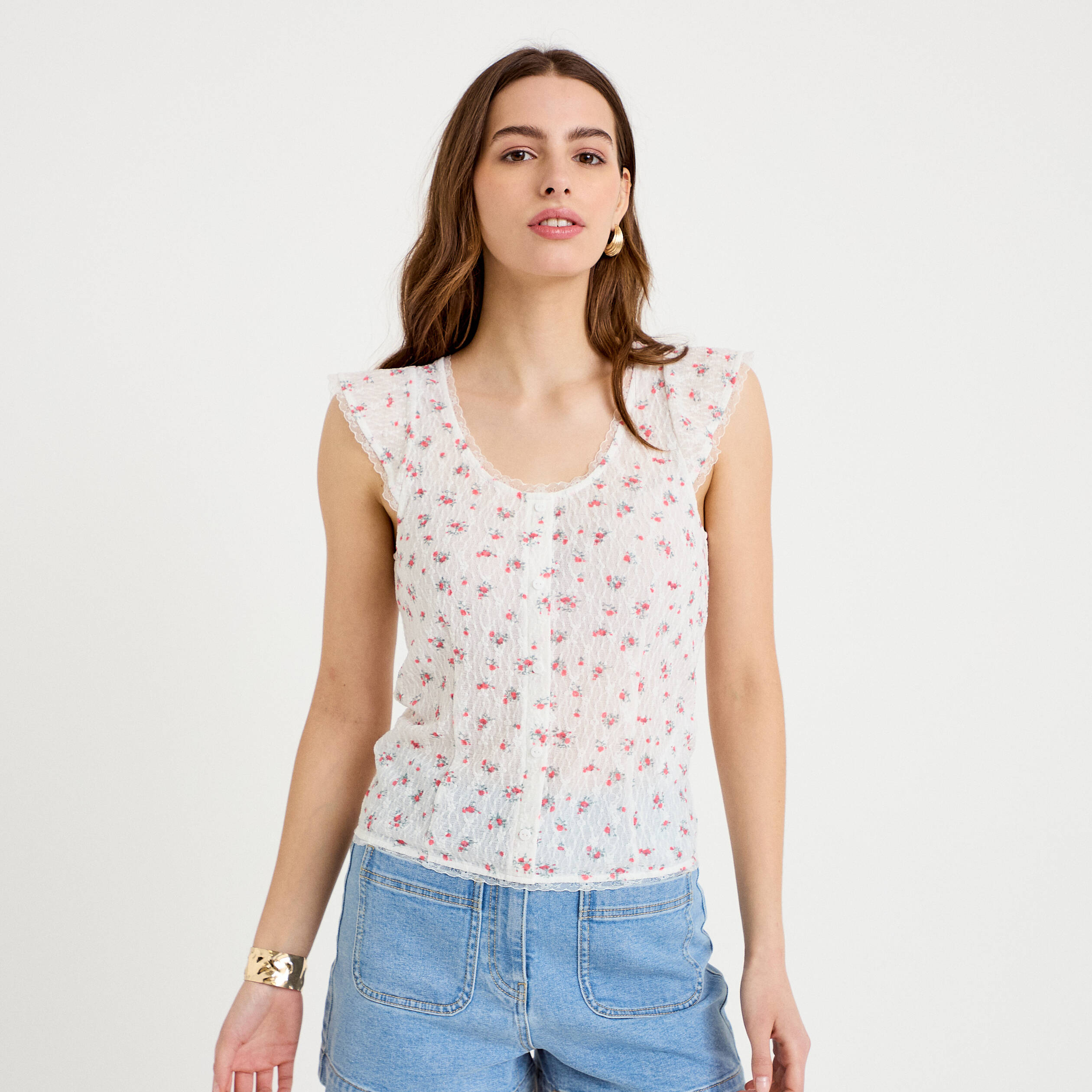 Top boutonn&eacute; d&eacute;tails dentelle blanc femme