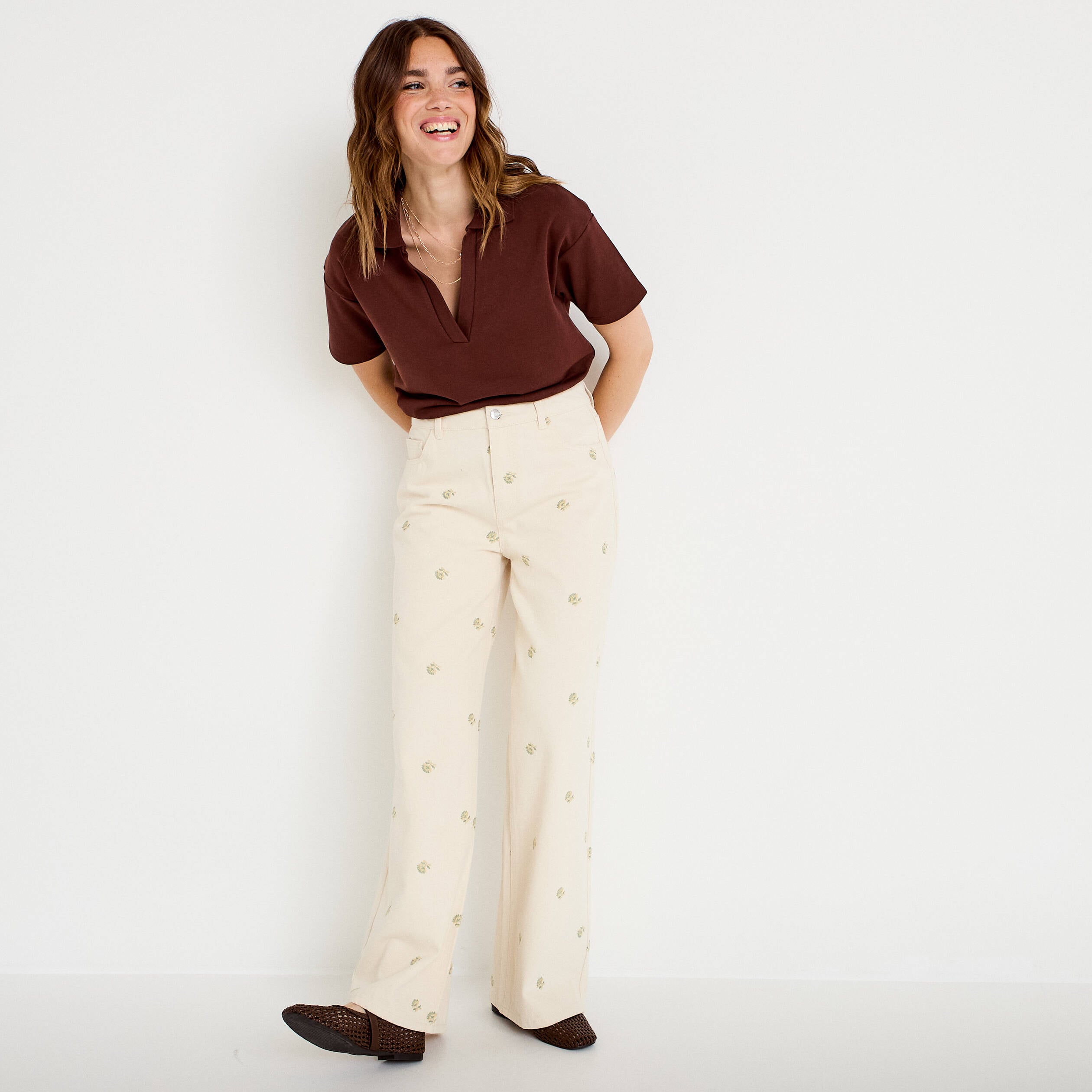 Jean wide leg taille haute brod&eacute; denim blanc femme