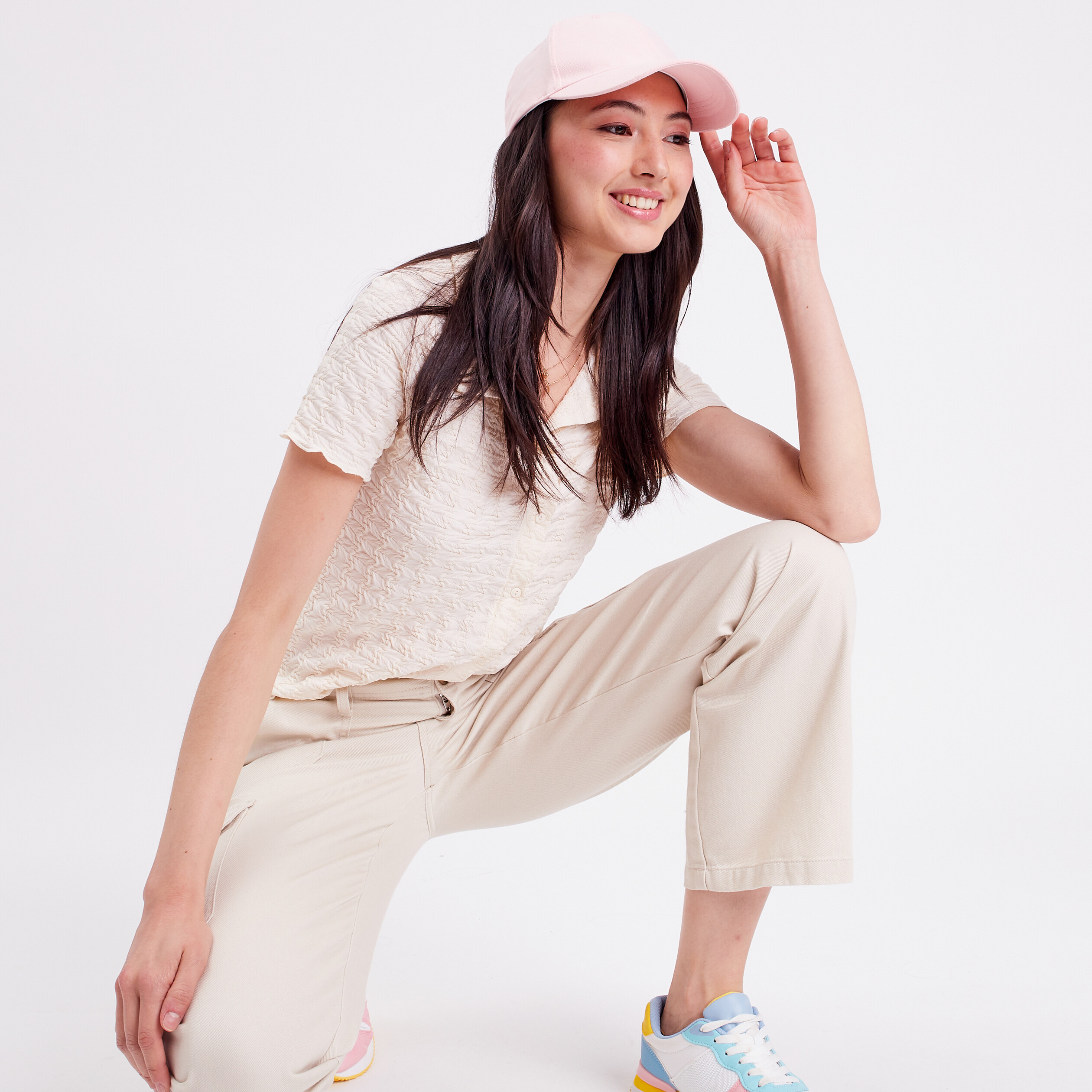 Blouse manches courtes gaufr&eacute; ecru femme