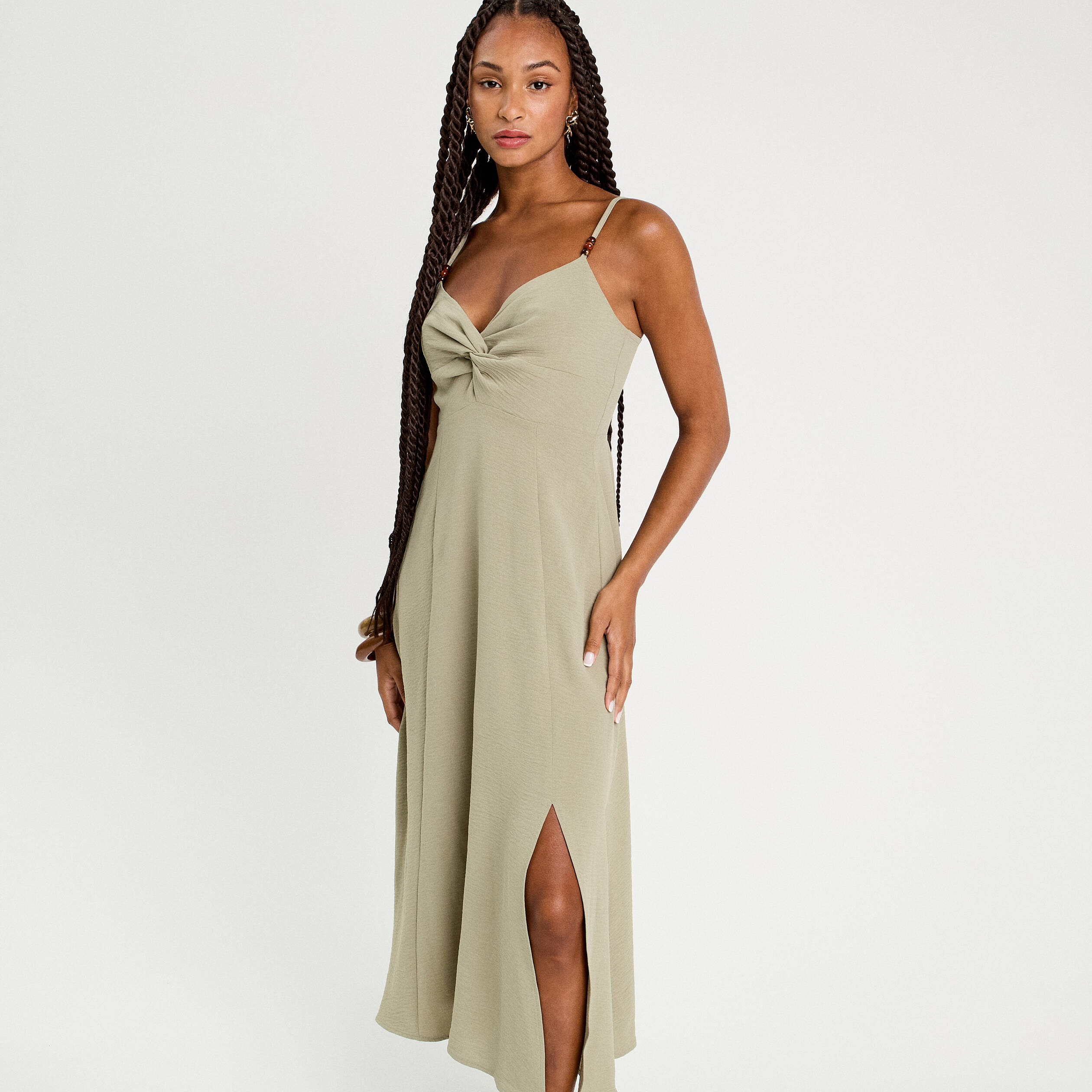Robe longue &eacute;vas&eacute;e fendue vert kaki femme
