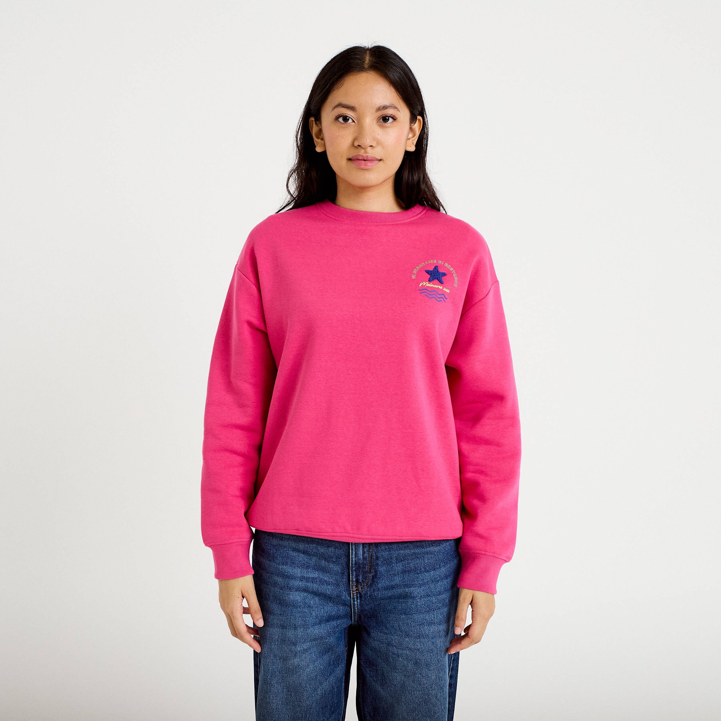 Sweat col rond manches longues rose fushia femme