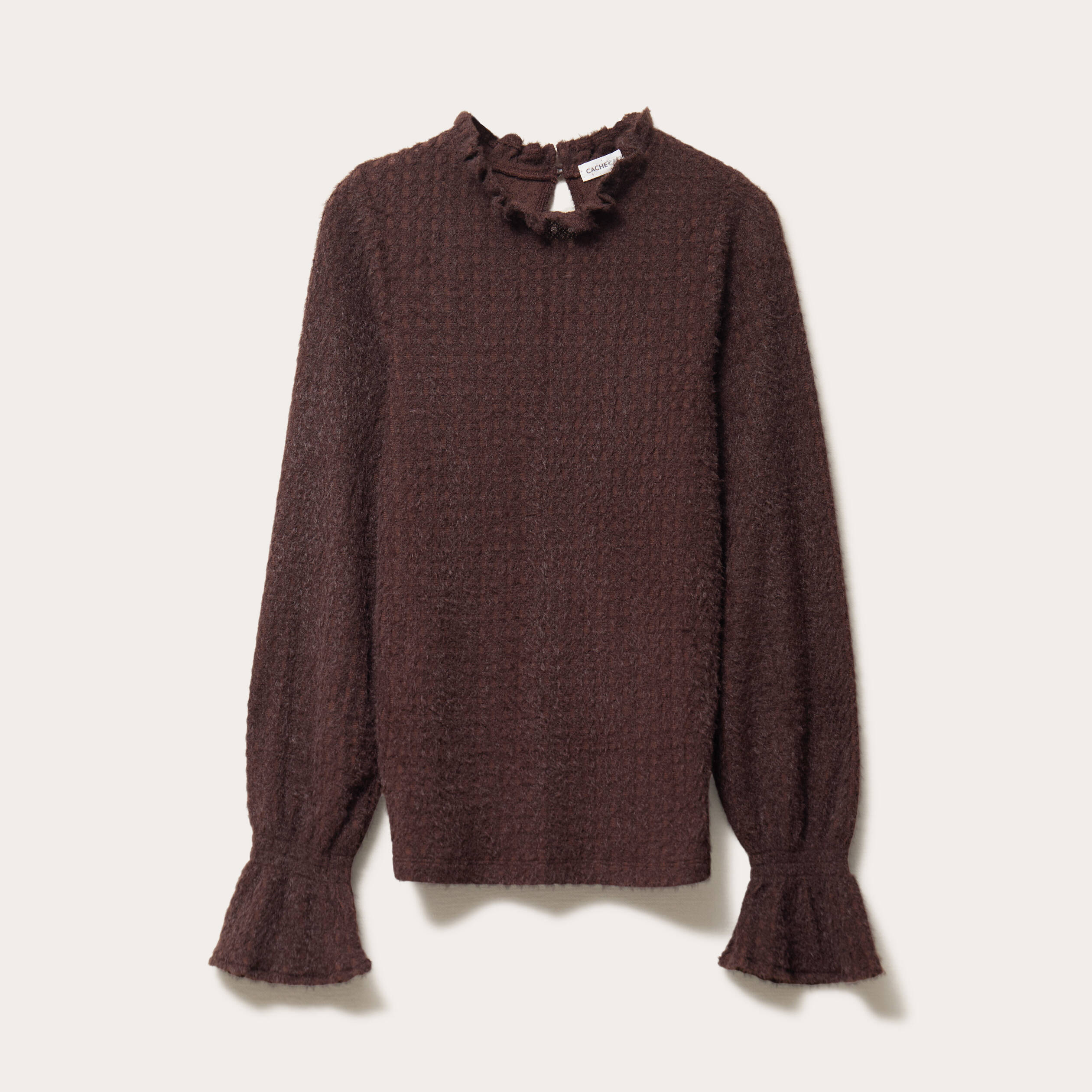 Blouse ajour&eacute;e manches longues marron fonc&eacute; femme