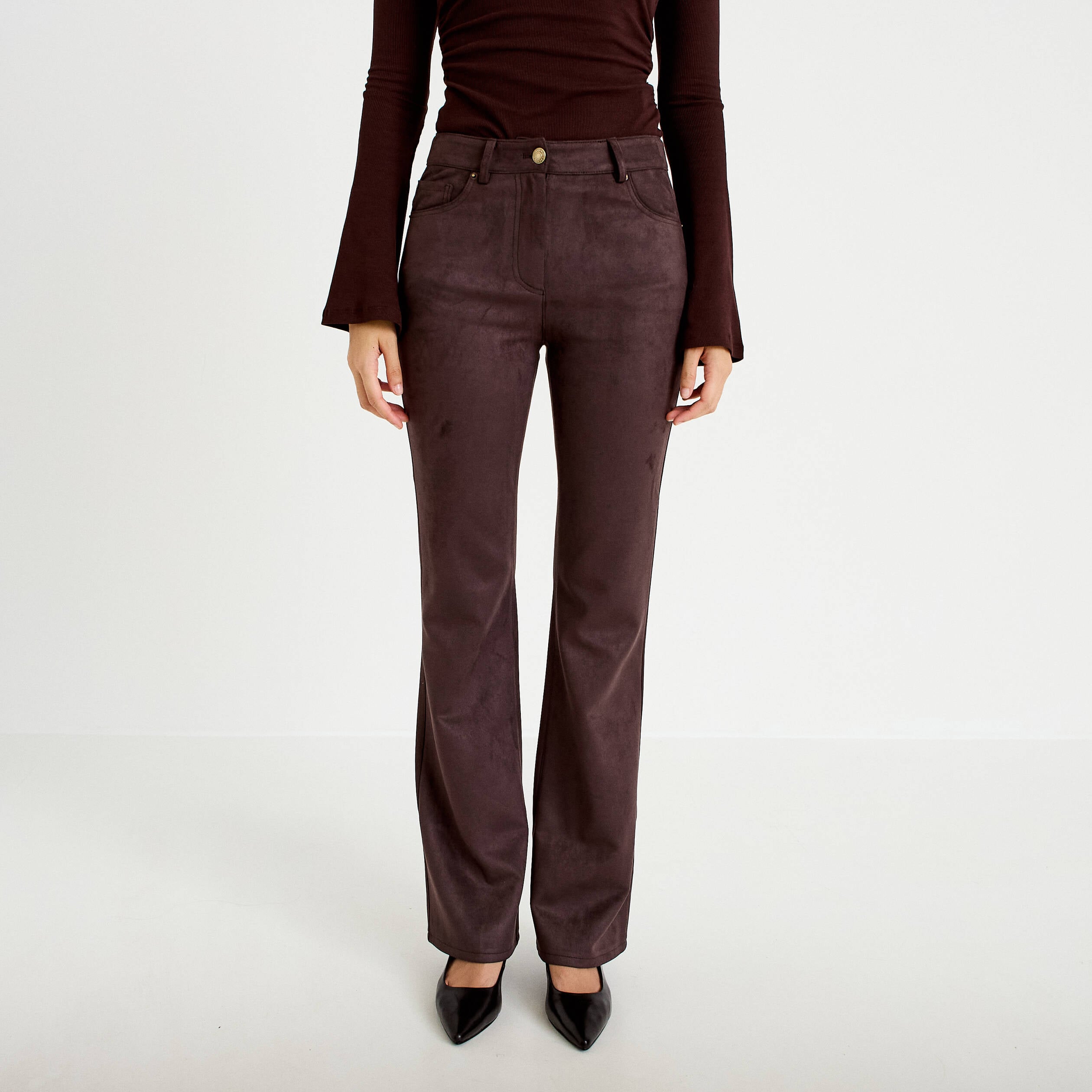 Pantalon bootcut aspect daim marron fonc&eacute; femme