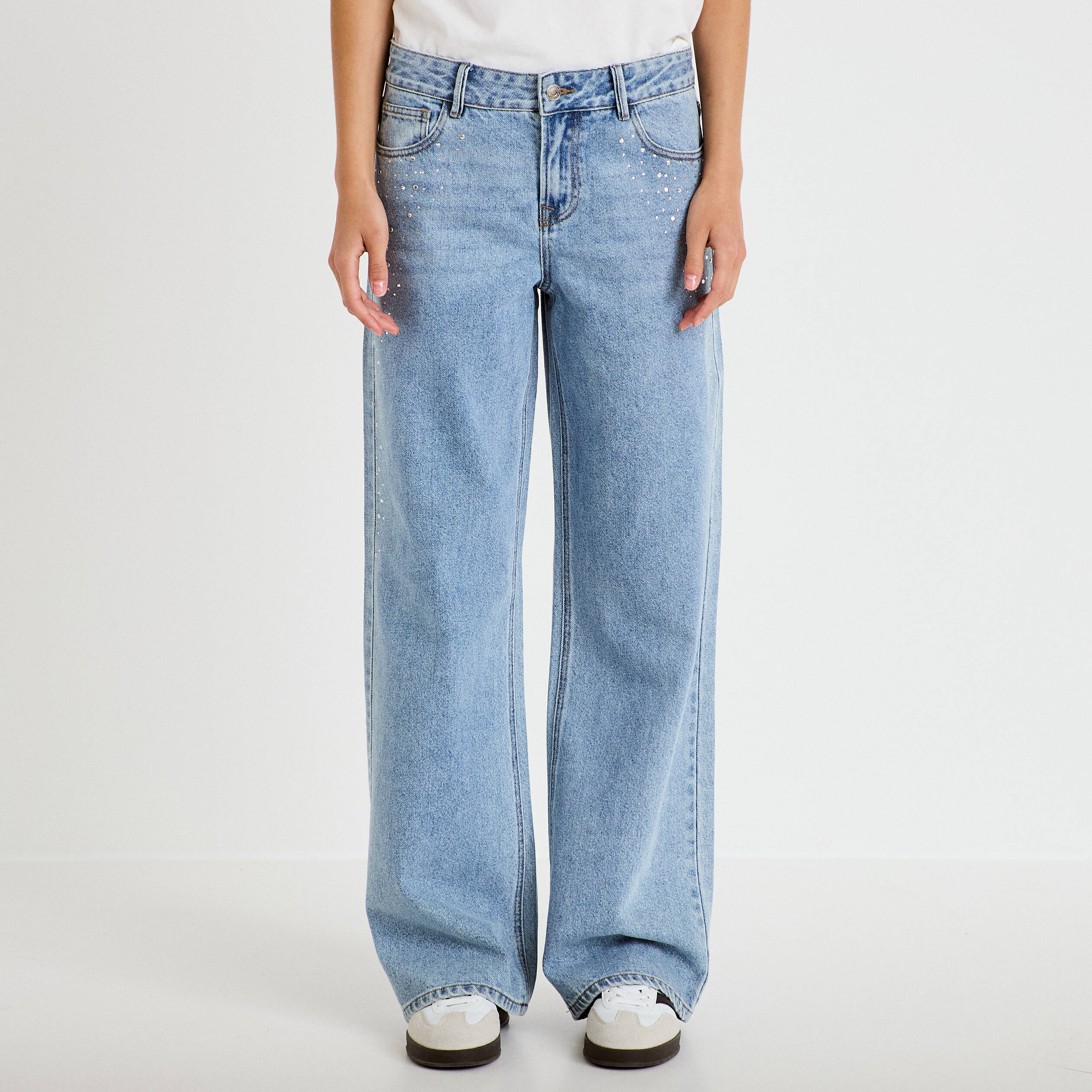 Jean wide leg taille basse strass denim triple stone femme