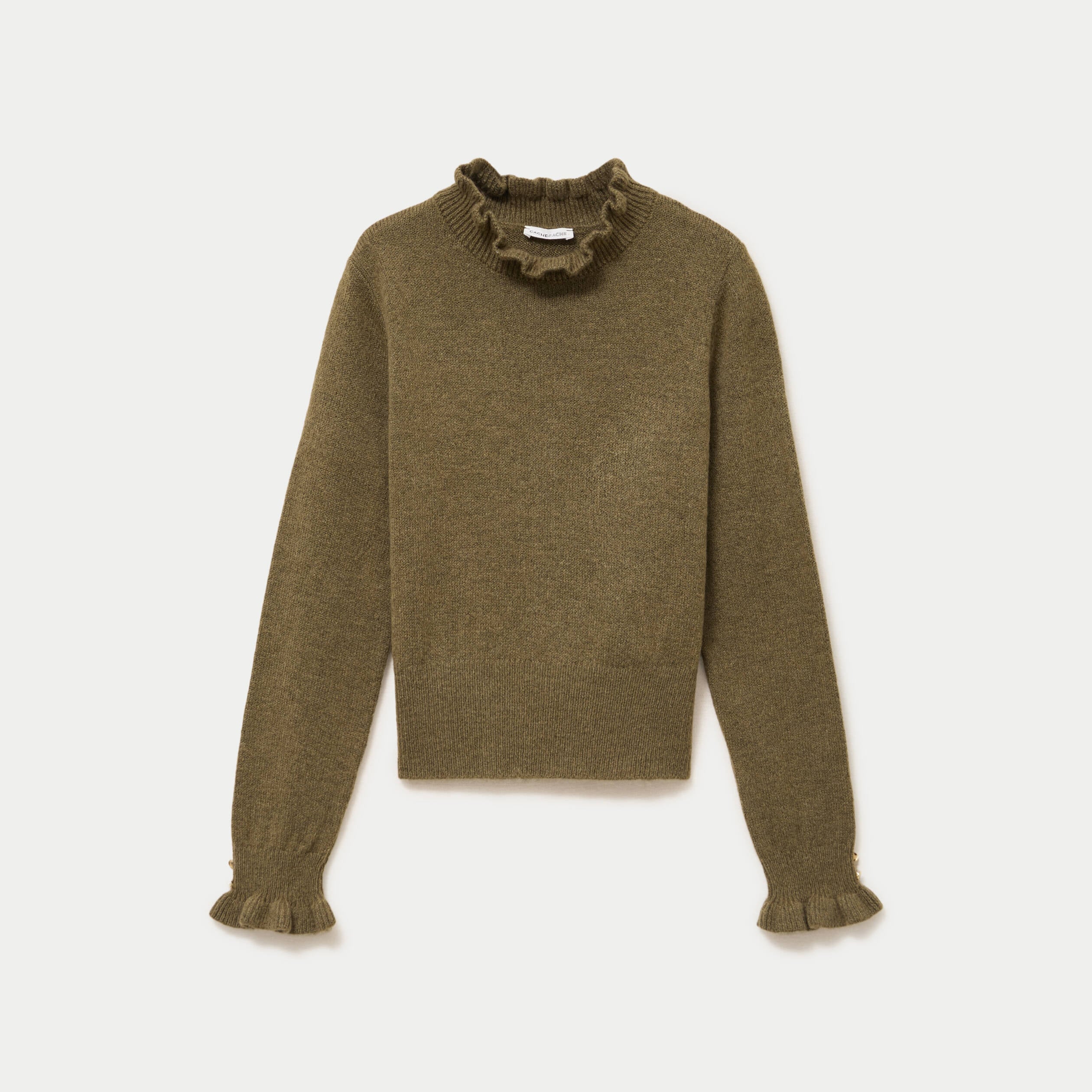 Pull ajust&eacute; col montant manches longues vert kaki femme