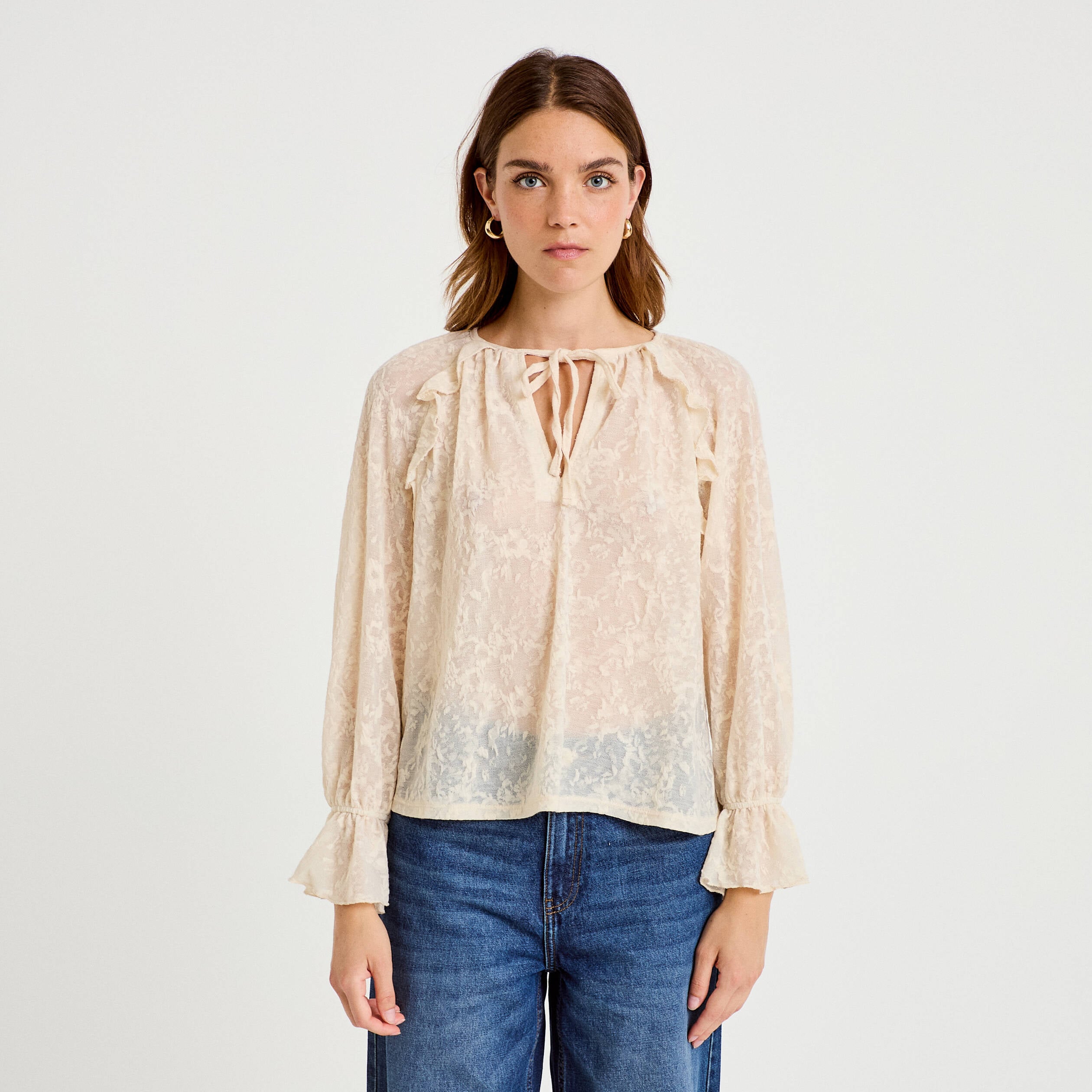 Blouse droite manches longues col rond ecru femme